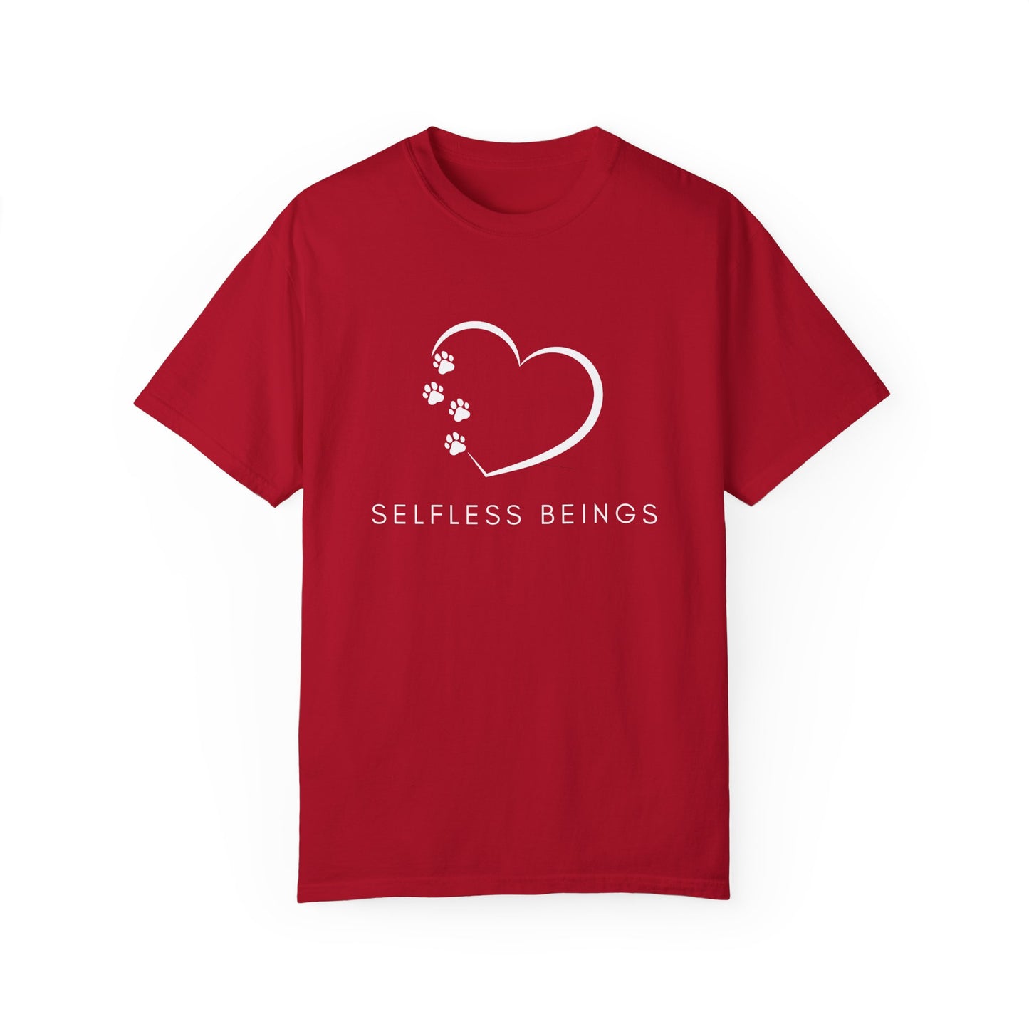 Unisex Dog Lover T-Shirt With White Tilted Heart Whose One Side is Made With Dog Paw Prints and Caption Selfless Beings