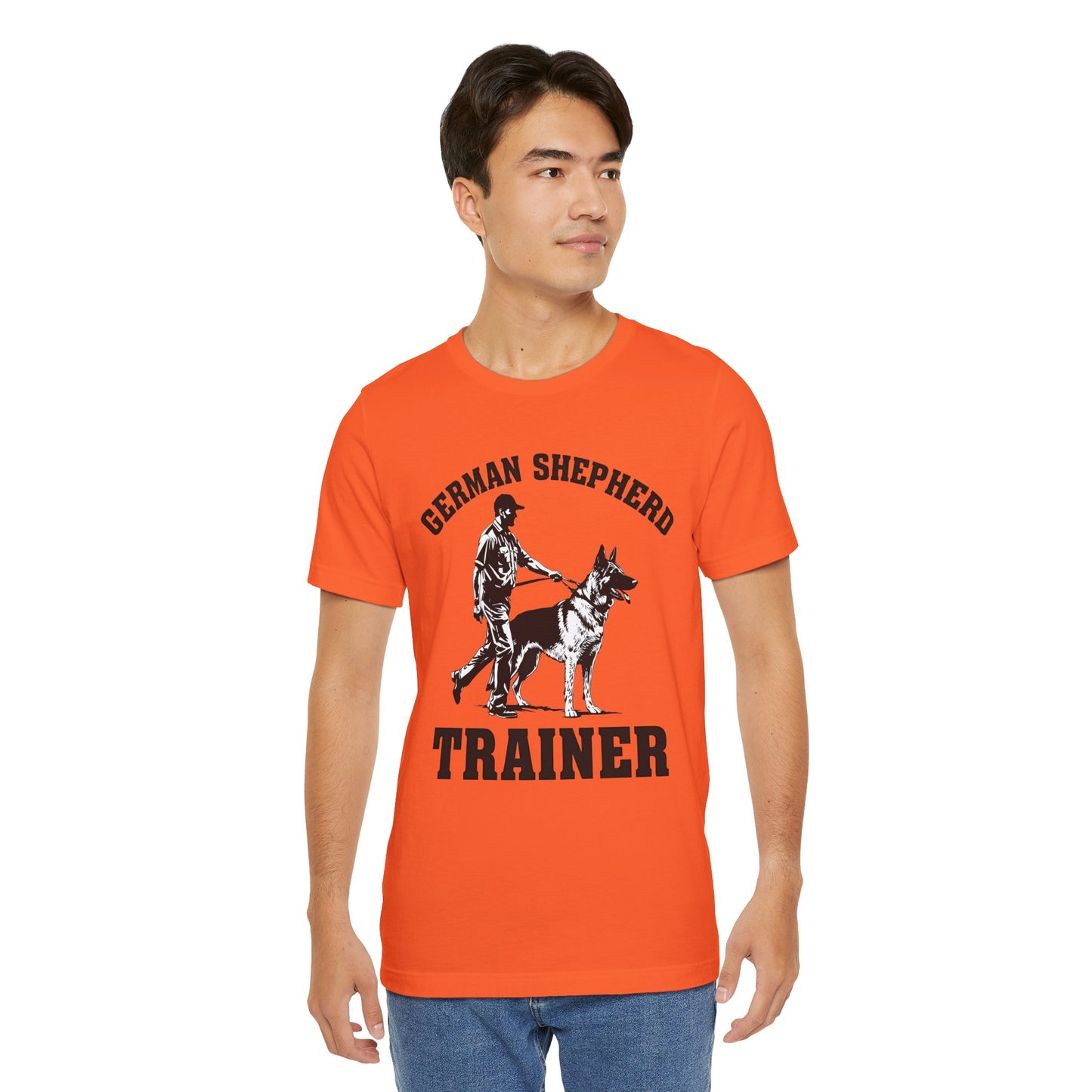 German Shepherd Trainer Tee - Black and White Design of Man Holding a German Shepherd