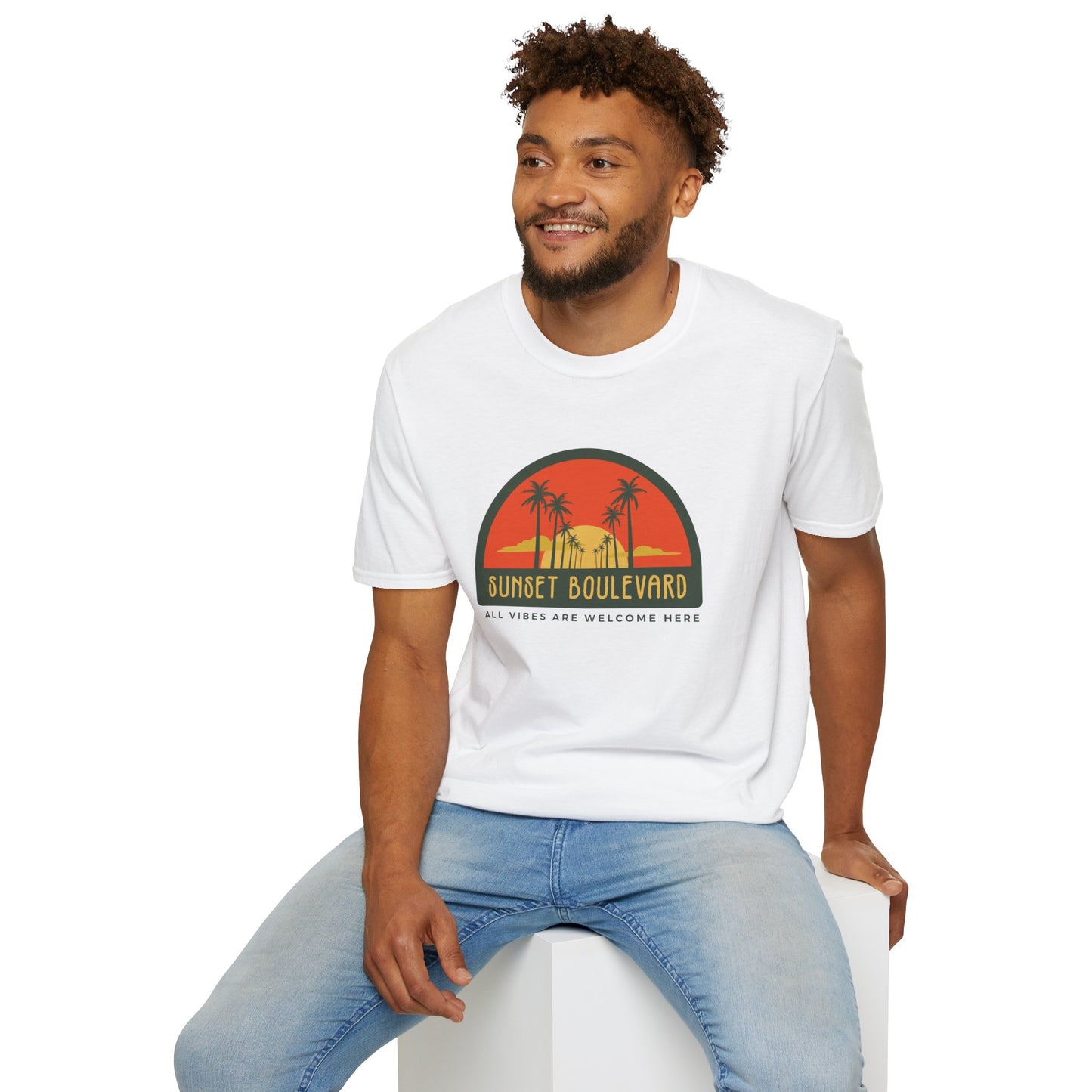 Sunset Boulevard Unisex Softstyle T-Shirt, Retro Beach Tee, Vacation Shirt, Summer Apparel, Travel Gift