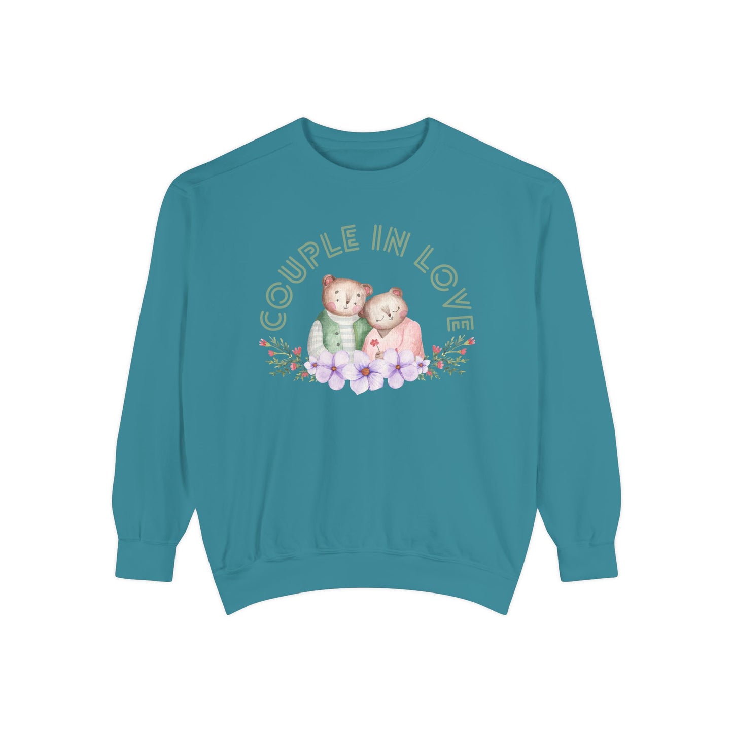 Unisex Valentine's Day Sweatshirt With Two Teddy Bears On Flowers and Caption Couple In Love