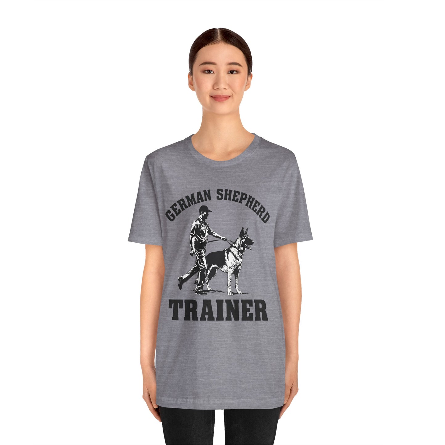 German Shepherd Trainer Tee - Black and White Design of Man Holding a German Shepherd