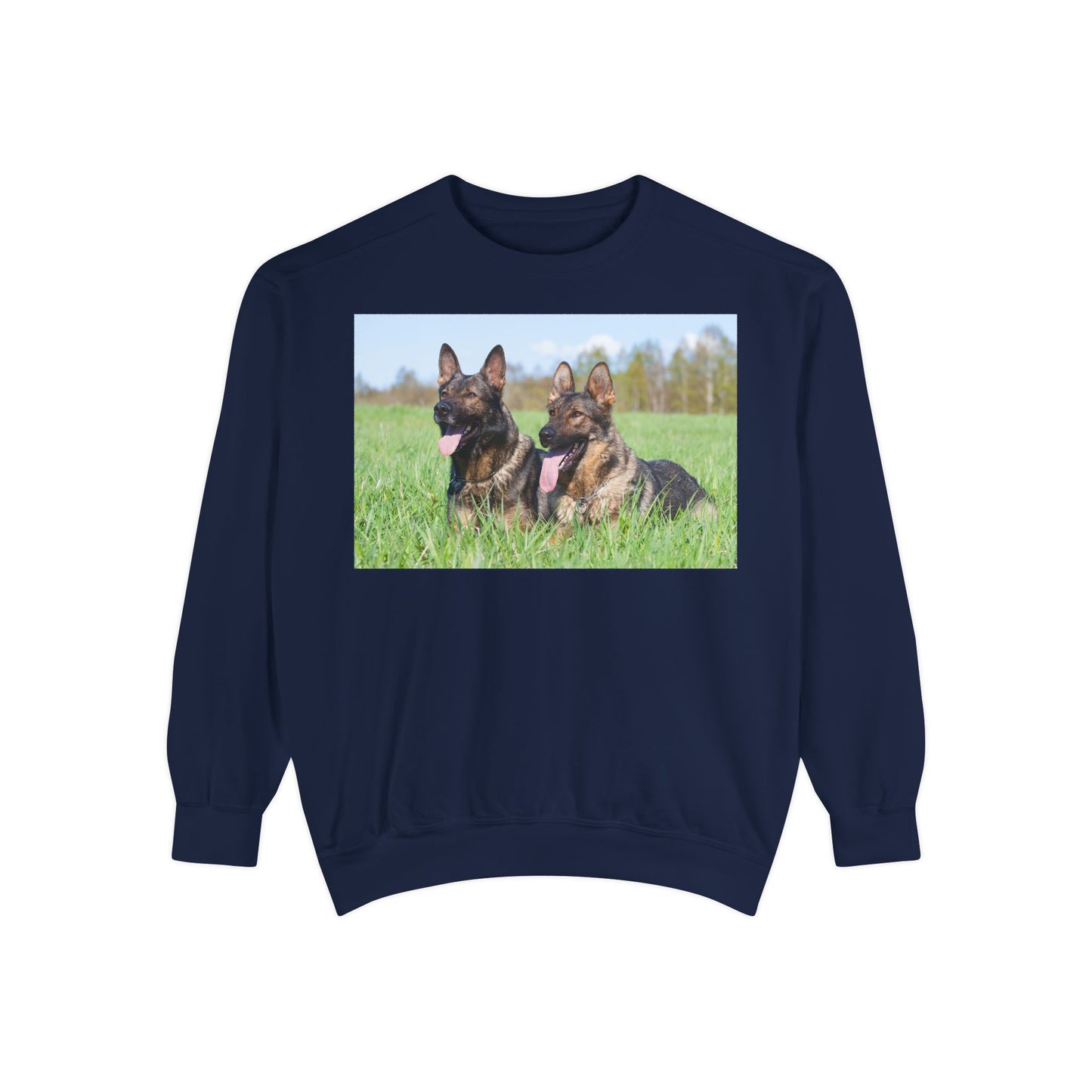 Unisex Dog Lover Sweatshirt With Two Giant German Shepherds Lying on the Grass With Tongues Out