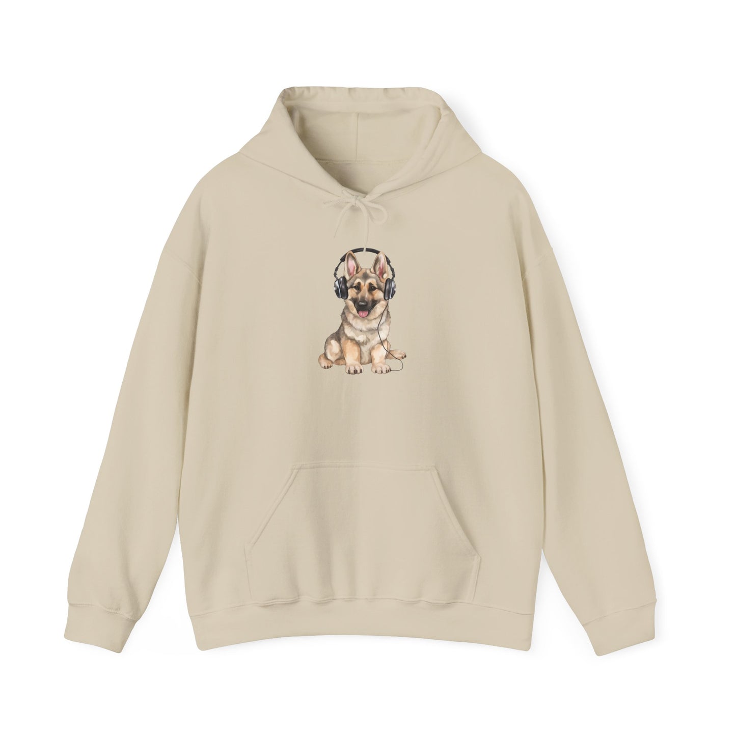 Unisex Dog Lover Hoodie With a German Shepherd Wearing Headphones Enjoying Music