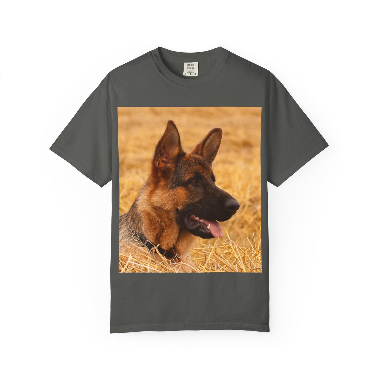 Unisex Dog Lovers T-Shirt Featuring German Shepherd Resting on the Dry Grass