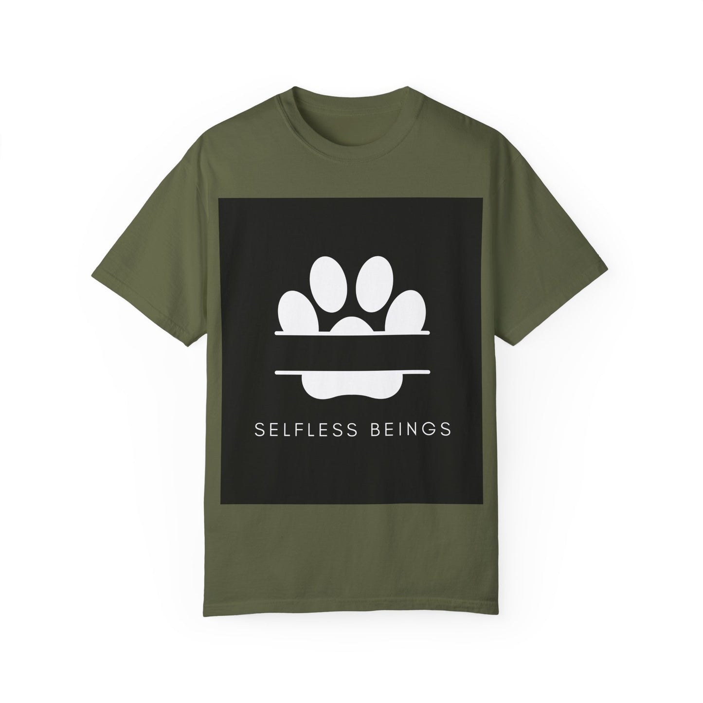 Unisex Dog Lover T-Shirt With Design of Dog's White Paw Print Whose Metacarpal is Split and Caption Selfless Beings