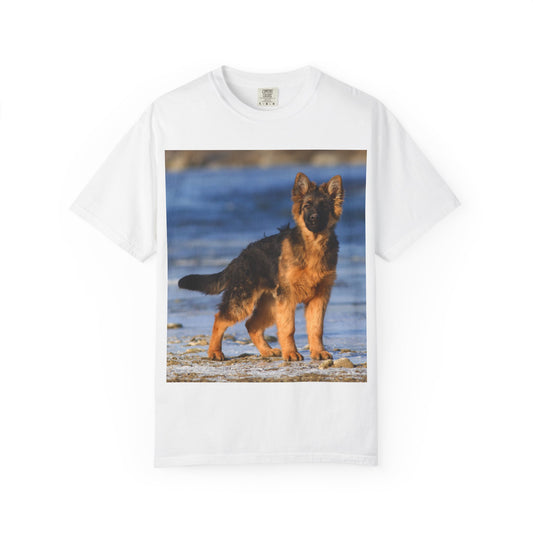 Unisex Dog Lover T-Shirt Featuring Beautiful German Shepherd Puppy Standing at the Sea Shore
