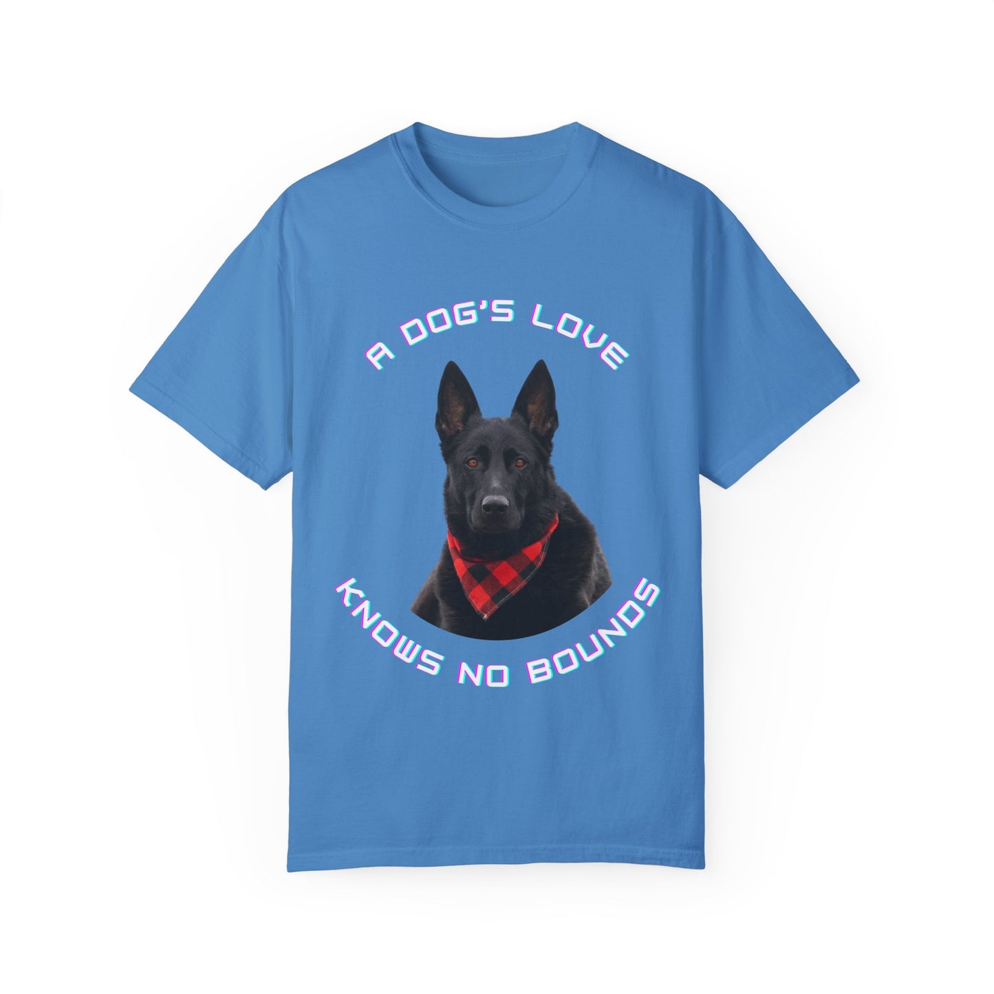 Unisex Dog Lover T-Shirt With Black German Shepherd Wearing a Romal and Quote A Dog’s Love Knows No Bounds