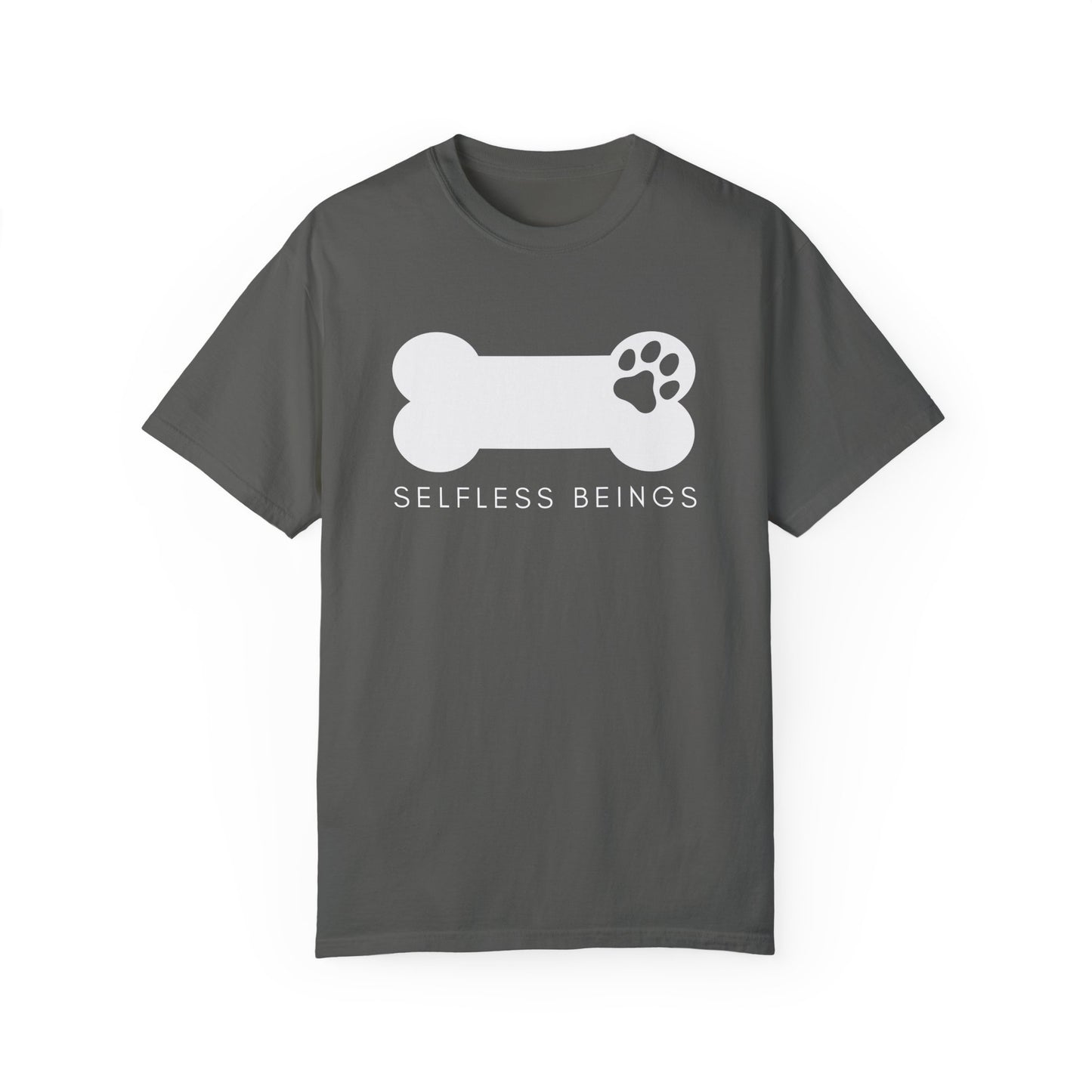 Unisex Dog Lover T-Shirt With Dog's Paw Print Inside a Bone and Caption Selfless Beings