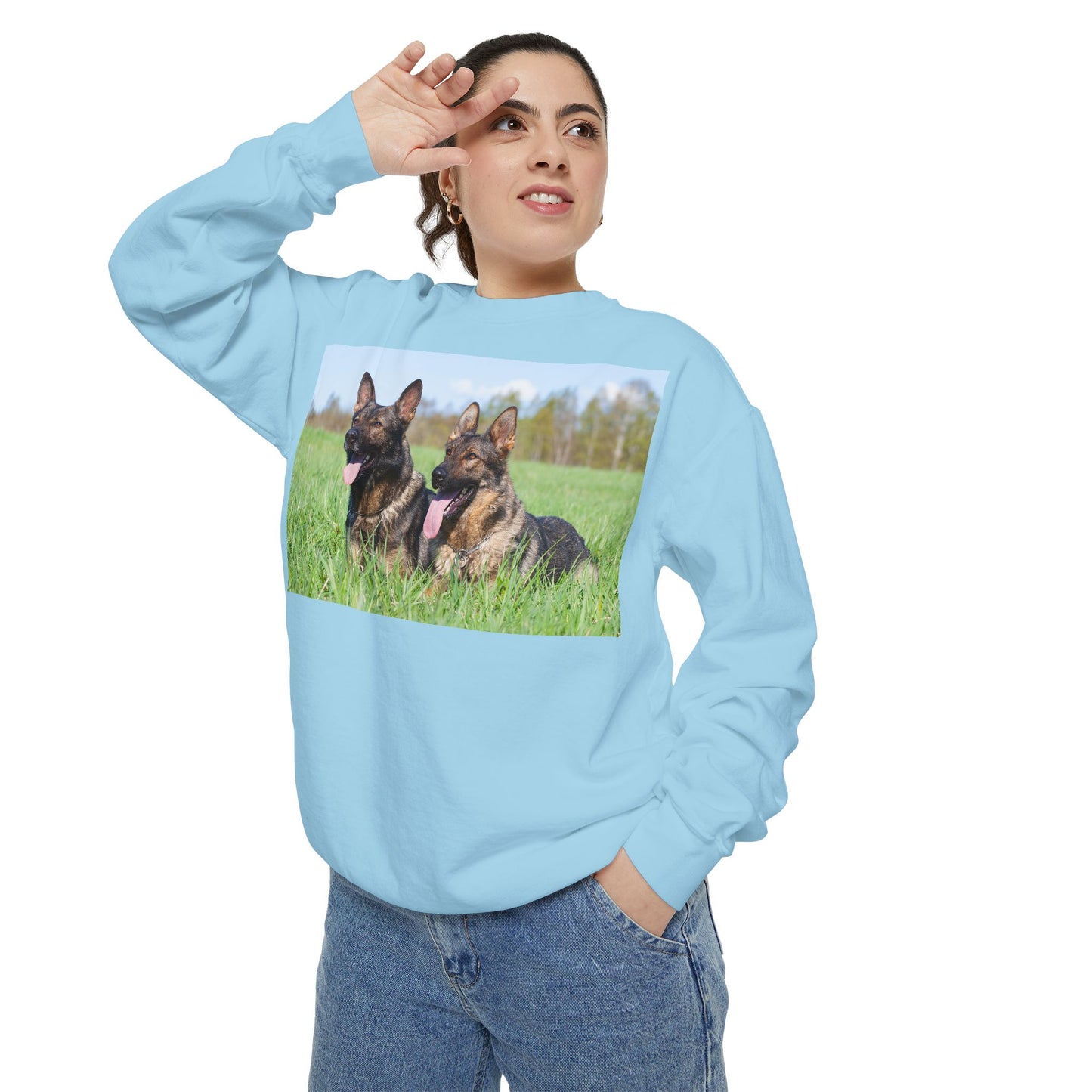 Unisex Dog Lover Sweatshirt With Two Giant German Shepherds Lying on the Grass With Tongues Out