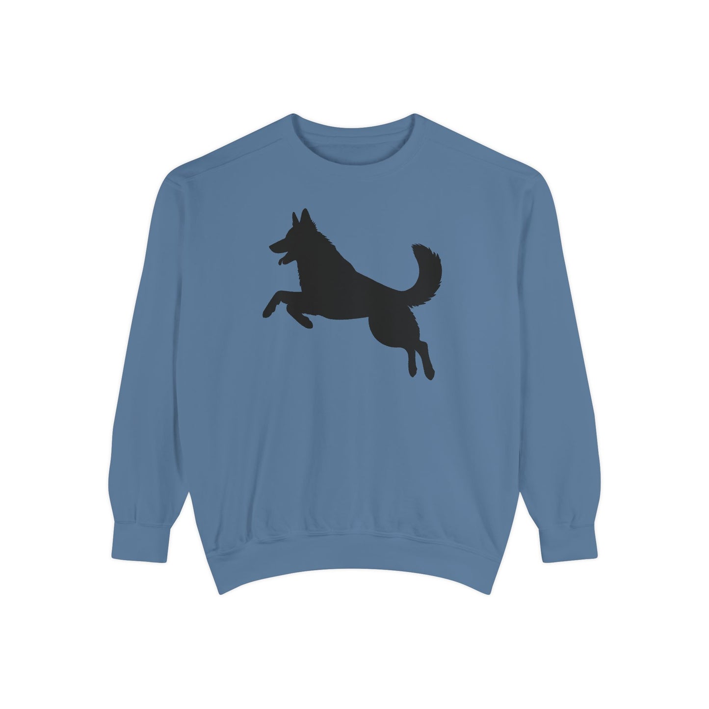 Unisex Dog Lover Sweatshirt With a Graphic of Solid Black German Shepherd Jumping in the Air