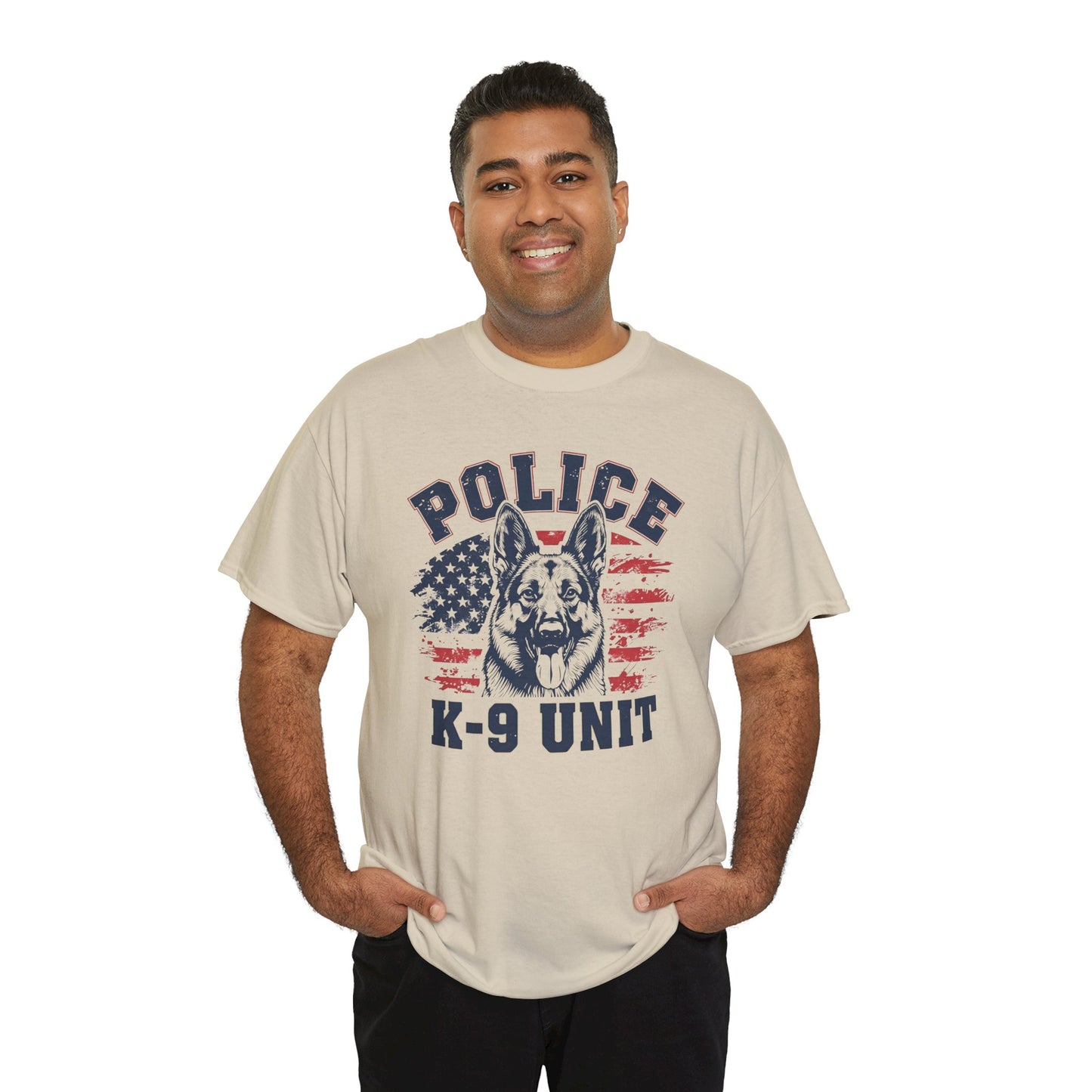 Patriotic Police K-9 Unit T-Shirt With American Flag in Background, Unisex Heavy Cotton Tee