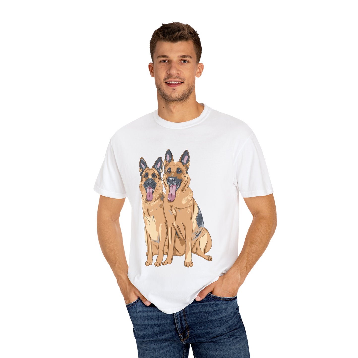 Unisex T-Shirt With Graphic of Two German Shepherds Sloppily Sitting Leaving Tongue Out