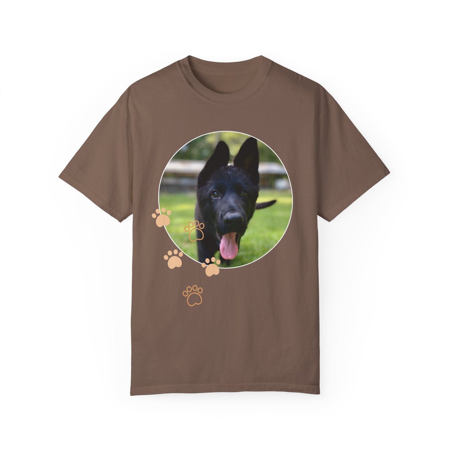 Unisex Dog Lover T-Shirt With Black German Shepherd Puppy Walking on Grass Leaving Tongue Out and Paw Icons