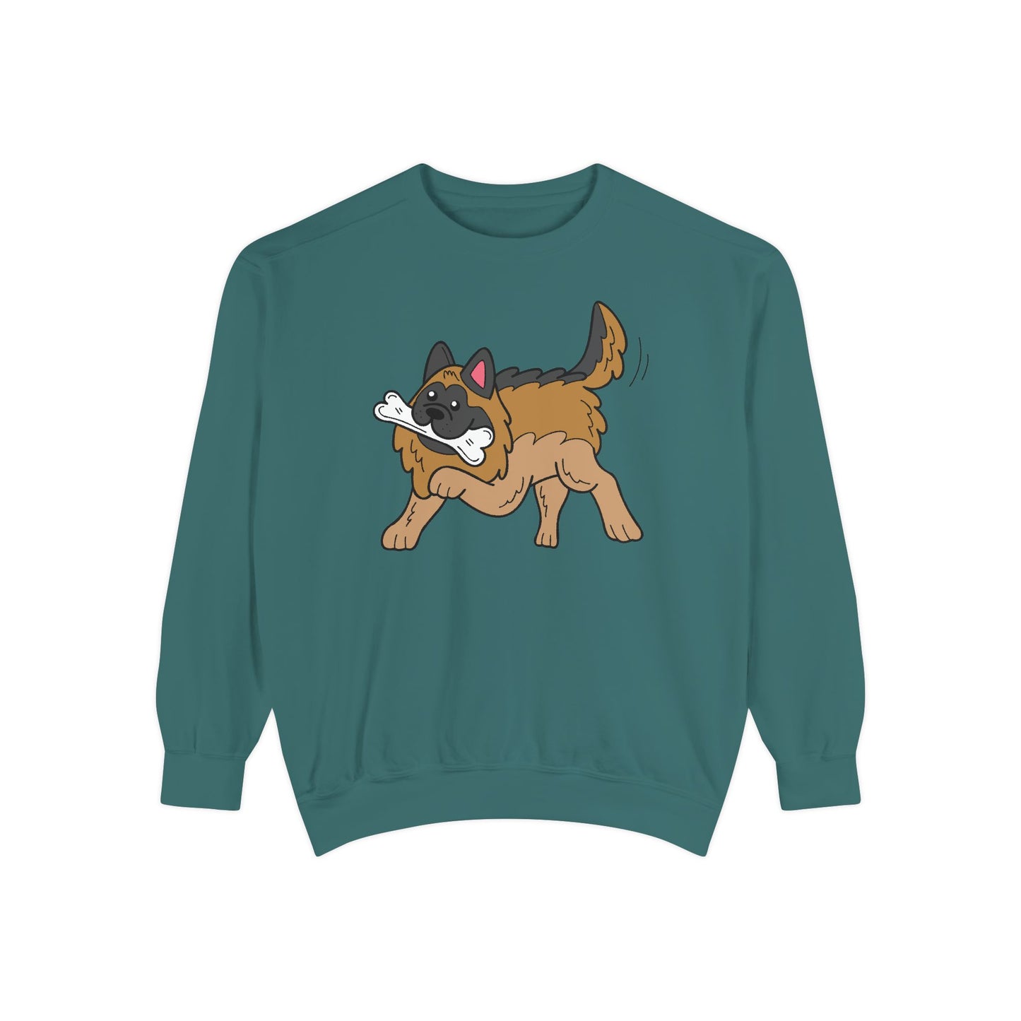 Unisex Dog Lover Sweatshirt With a Graphic of a German Shepherd Holding a White Bone in Mouth