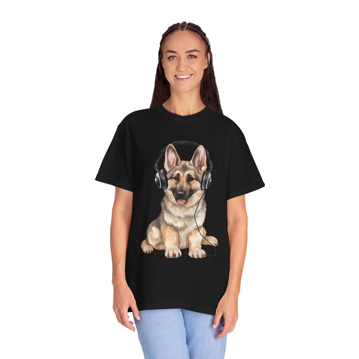 Unisex Dog Lover T-Shirt With a Graphic of German Shepherd Wearing Headphones Enjoying Music