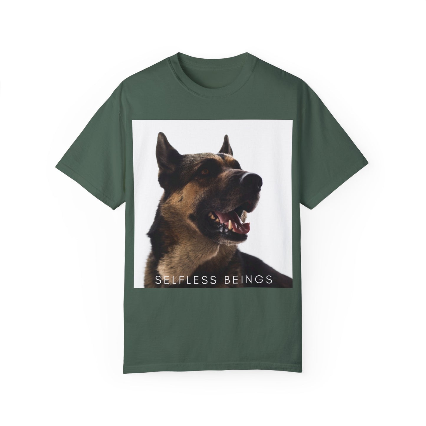 Unisex Dog Lover T-Shirt With Close Up of Large German Shepherd Turning His Face and Caption Selfless Beings