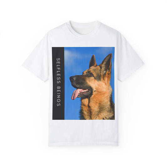 Unisex Dog Lover T-Shirt With Close Up of German Shepherd, Blue Sky in Background and Caption Selfless Beings