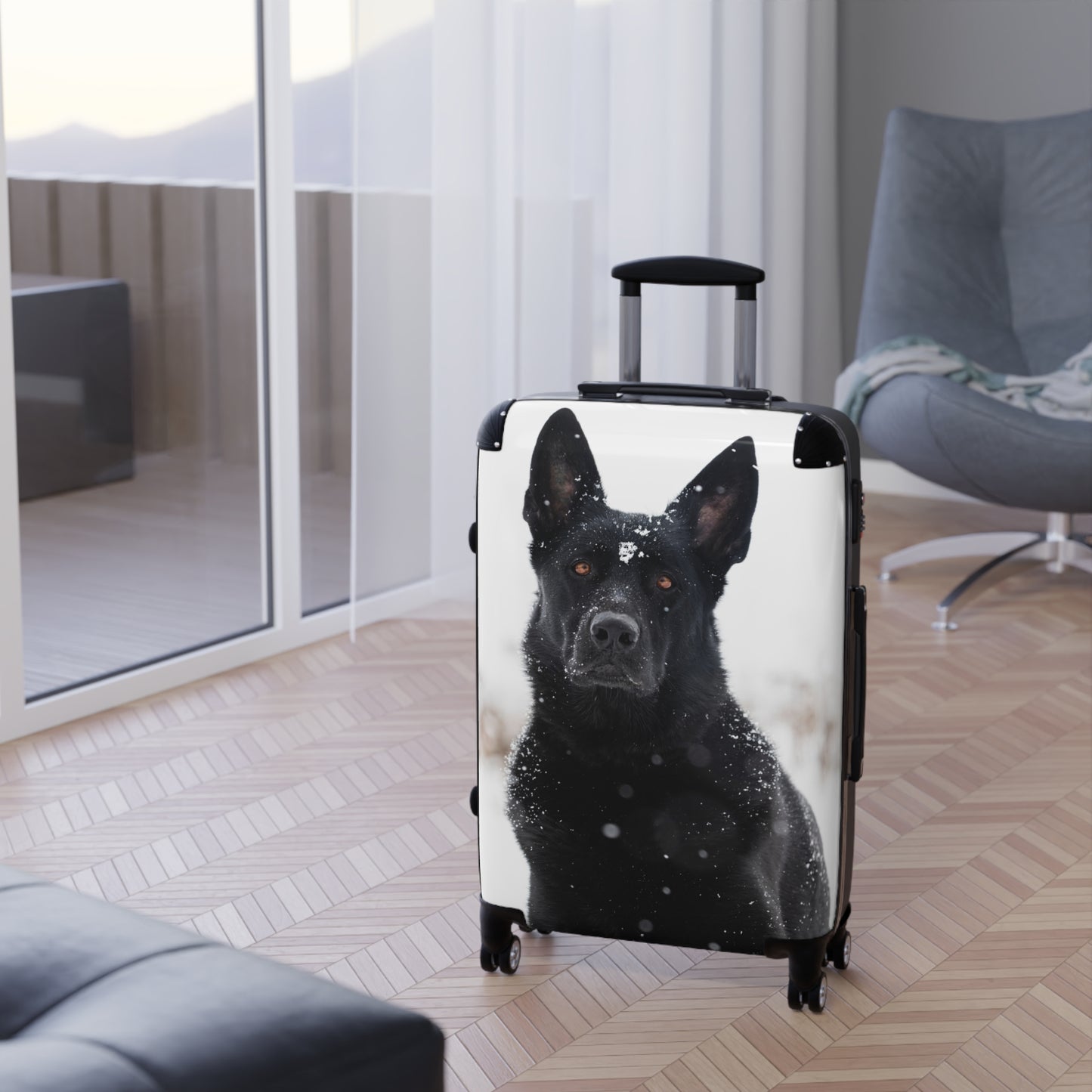 Dog Lover Suitcase Featuring a Giant Black Working Line German Shepherd In the Snow