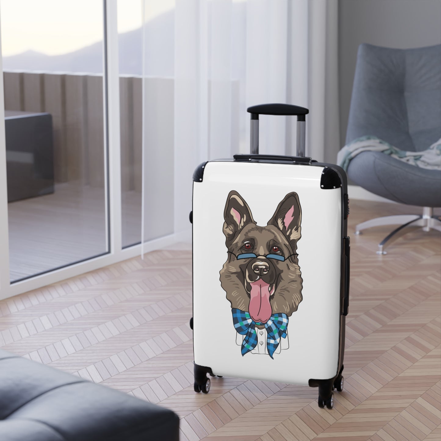 Stylish Pet-Lover Suitcase - Funny German Shepherd Wearing Blue Glasses and Bow Tie Leaving Tongue Out
