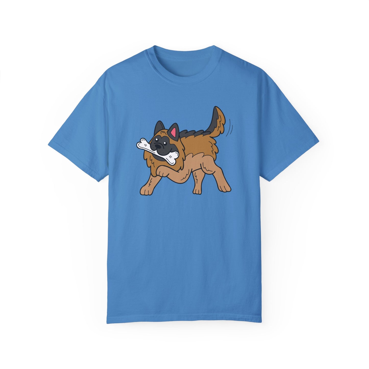 Unisex Dog Lover T-Shirt With a Graphic of a German Shepherd Holding a White Bone in Mouth