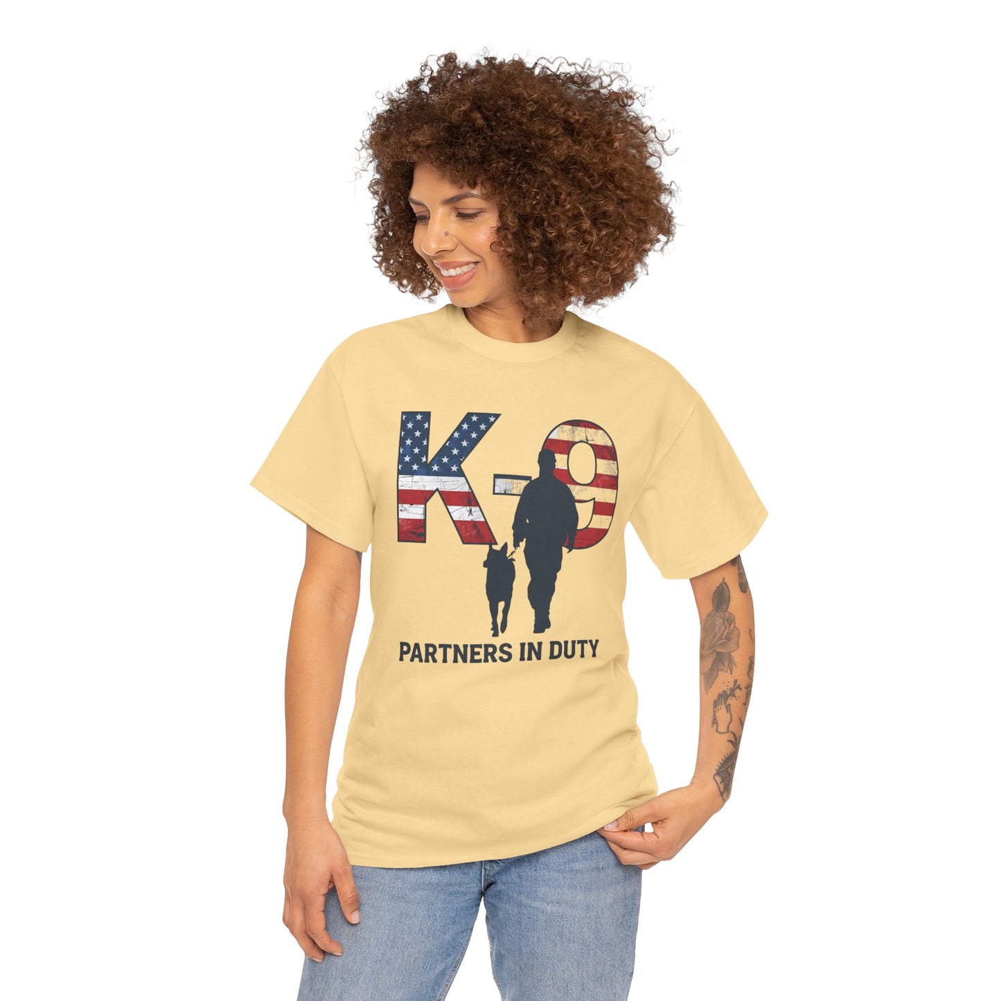 Patriotic K-9 T-Shirt - Partners in Duty Tee | Unisex Heavy Cotton Tee for Dog Lovers, Military Support, Gifts for Dog Handlers