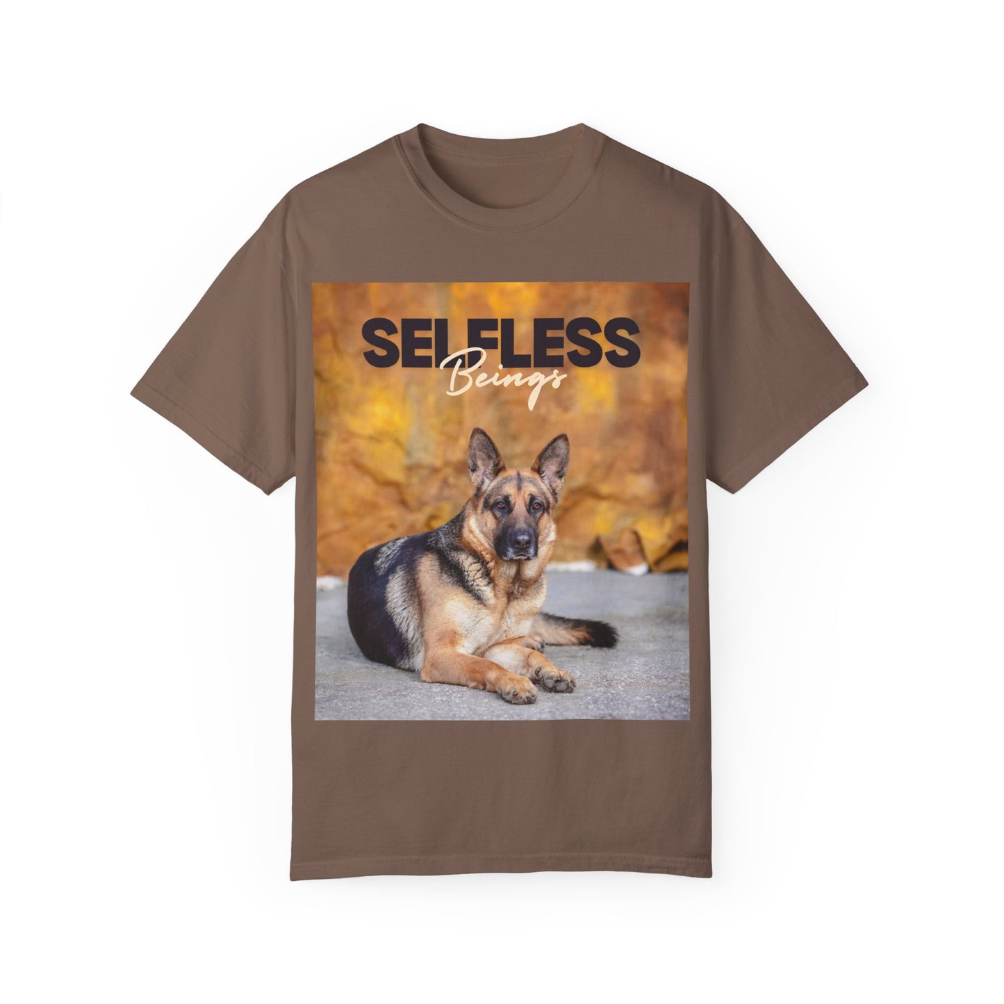 Unisex Dog Lover T-Shirt With Showline German Shepherd Posing for Camera, Autumn Background and Caption Selfless Beings