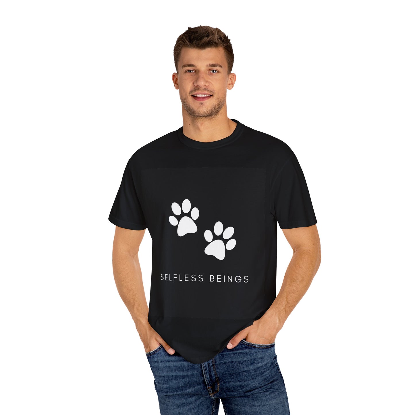 Unisex Dog Lover T-Shirt With White Dog Paw Prints and Caption Selfless Beings