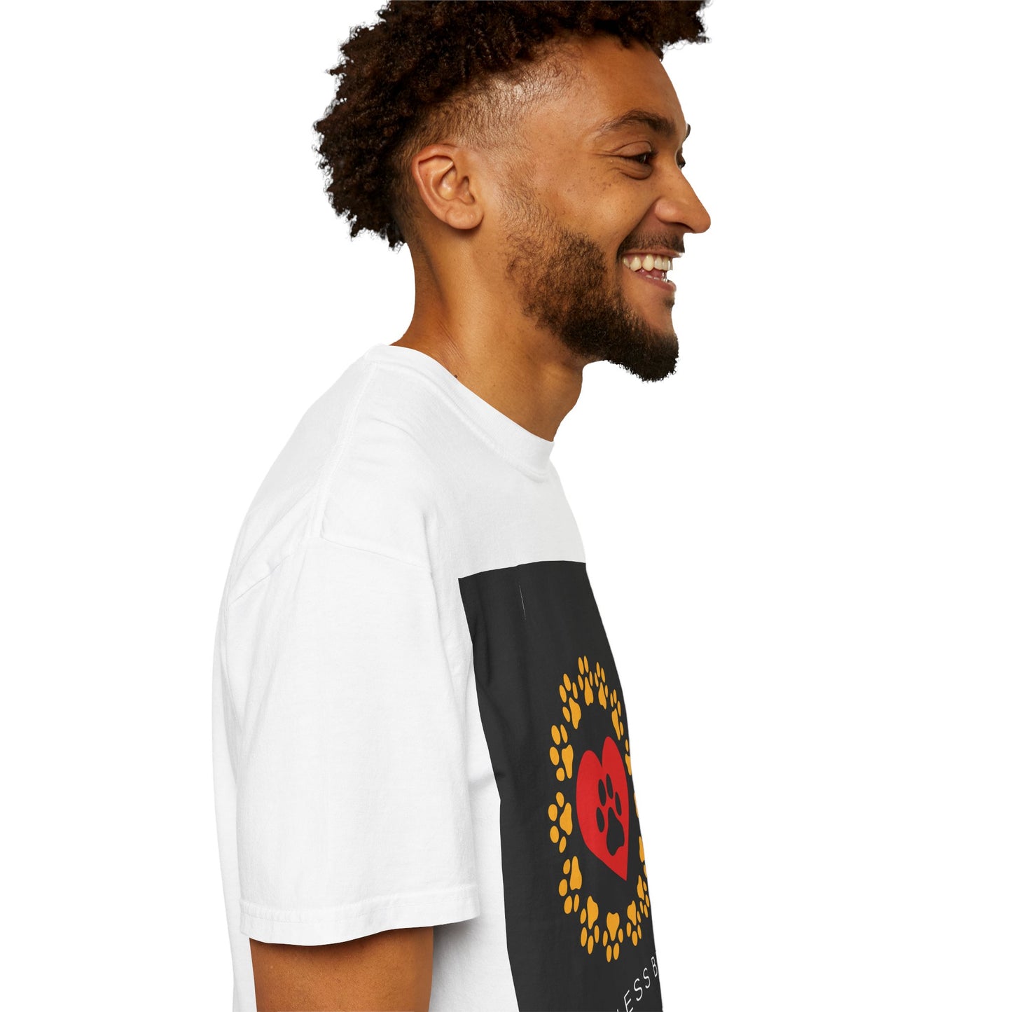 Unisex Dog Lover T-Shirt With Graphic of Yellow Paw Prints In Circle Contain Red Heart Which Contains Black Dog Paw Print Inside and Caption Selfless Beings