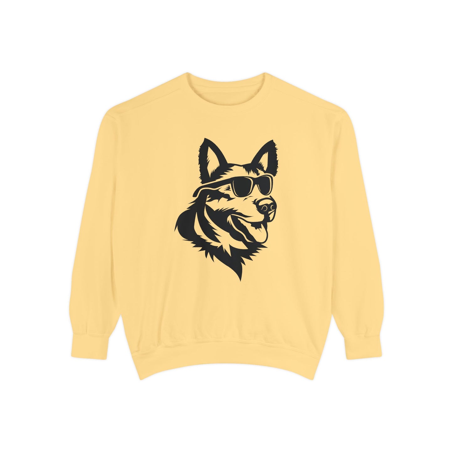 Unisex Dog Lover Sweatshirt With a Close Up Graphic of German Shepherd Wearing Black Glasses