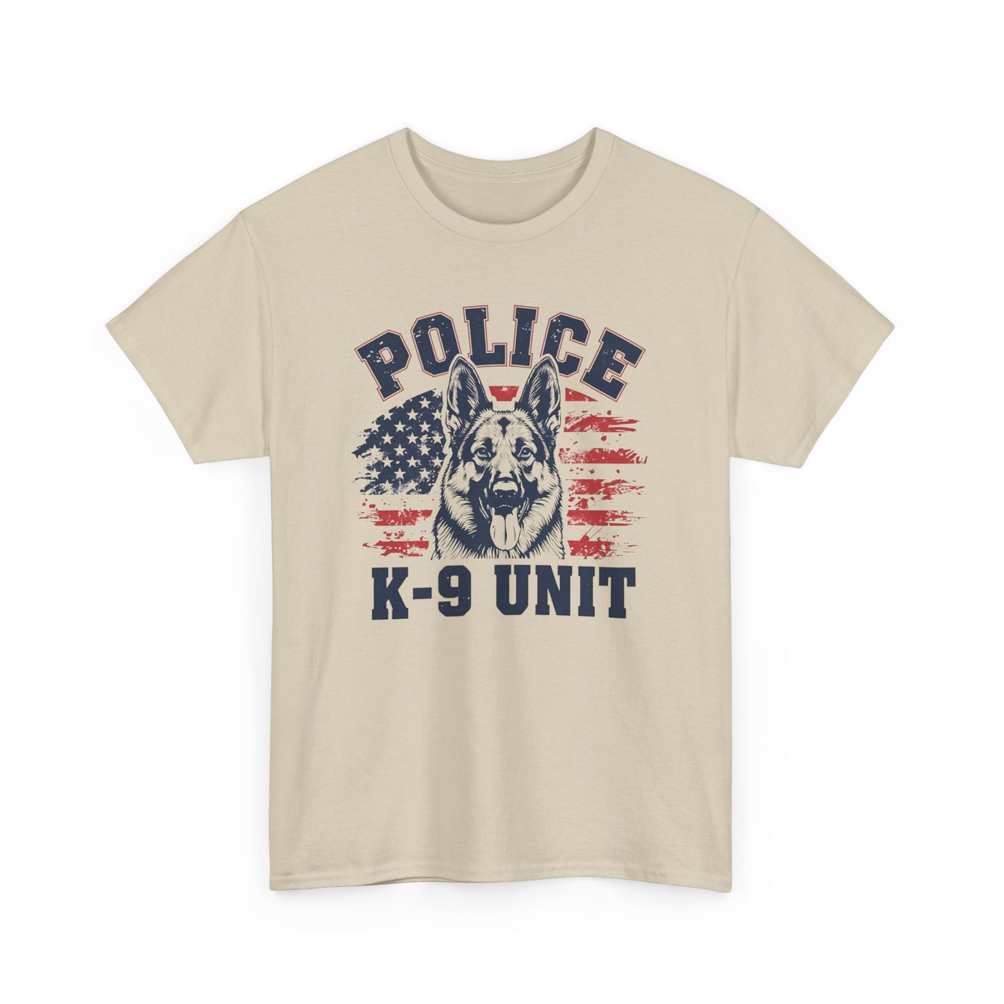 Patriotic Police K-9 Unit T-Shirt With American Flag in Background, Unisex Heavy Cotton Tee