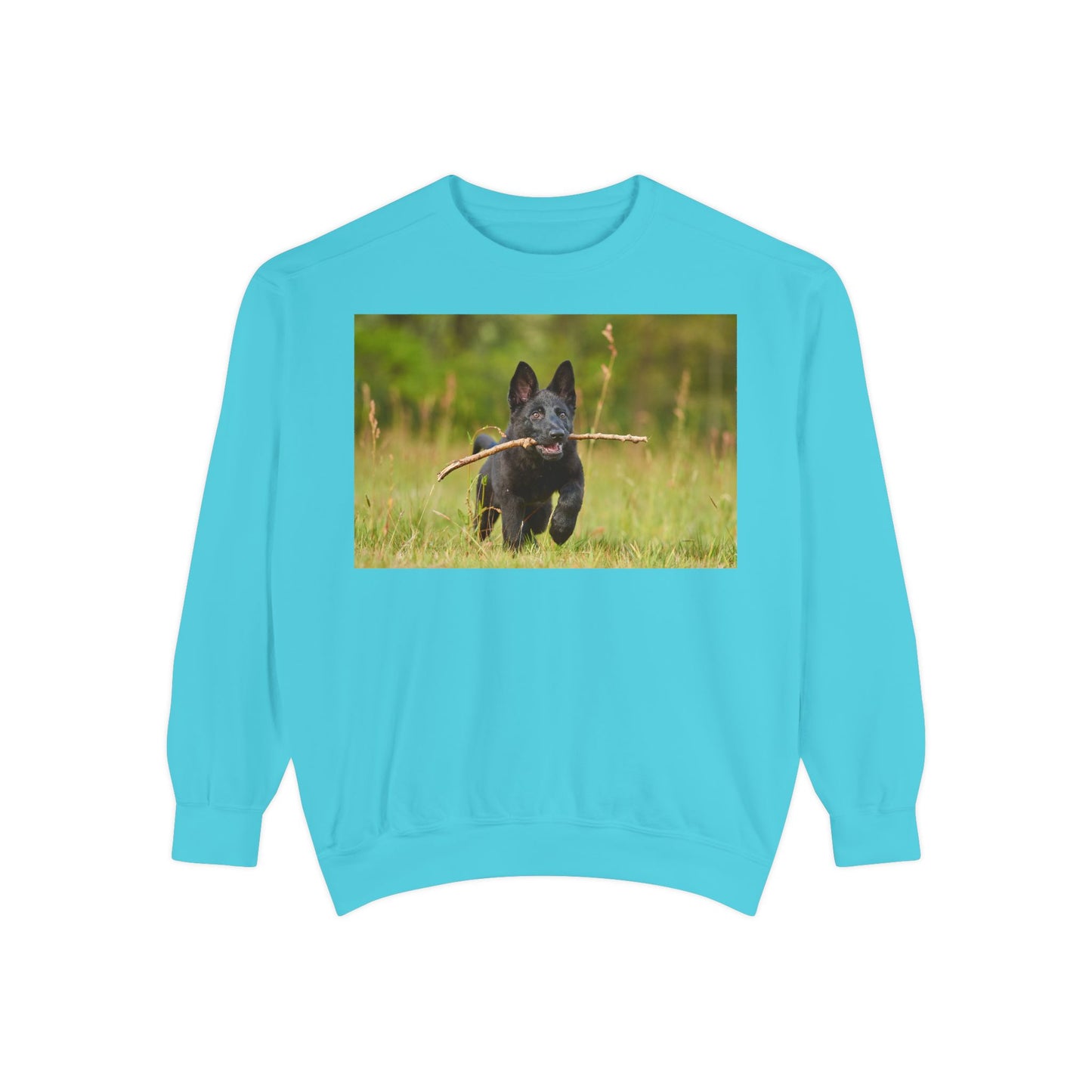 Unisex Dog Lover Sweatshirt With Black German Shepherd Puppy Running on the Grass Holding a Stick in the Mouth