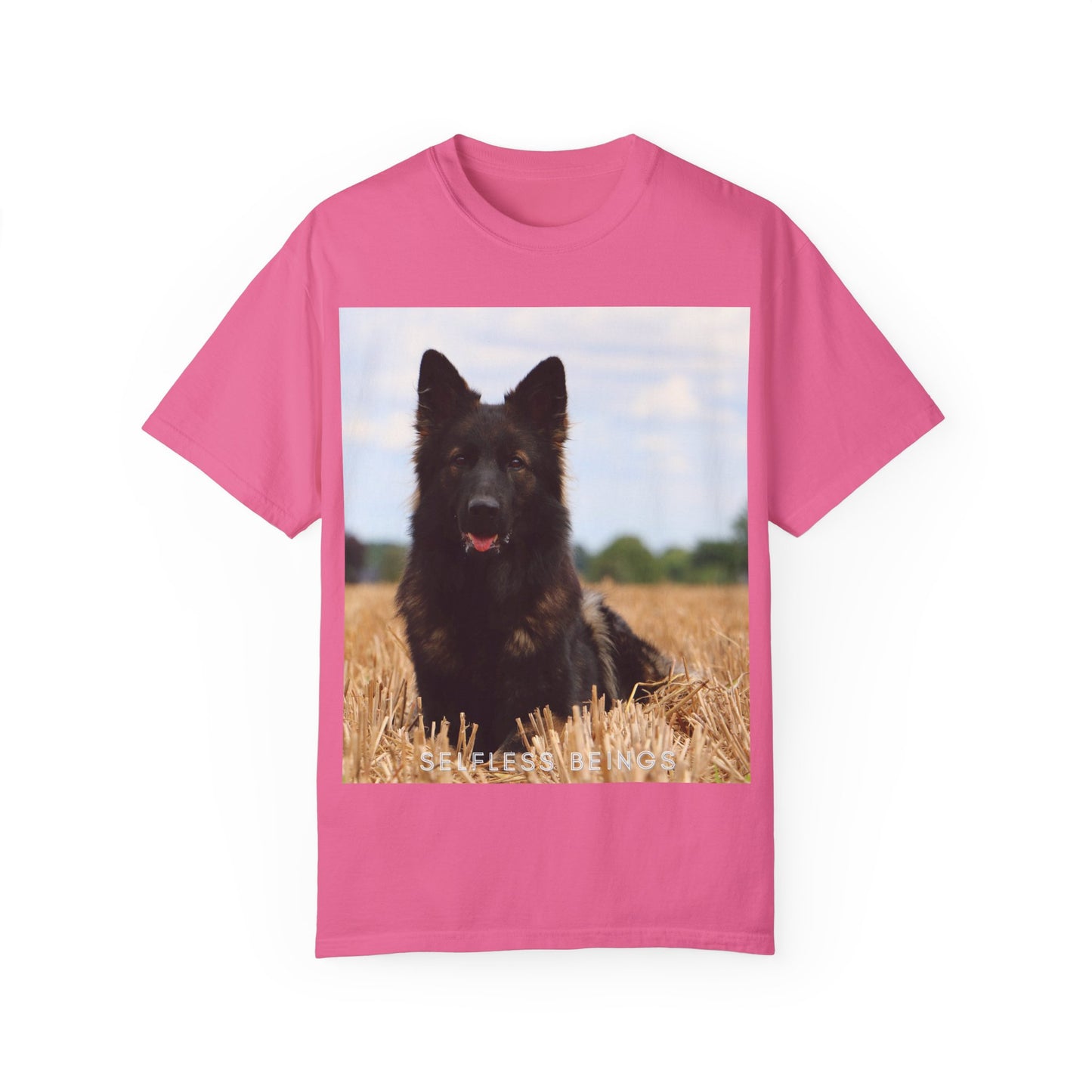 Unisex Dog Lover T-Shirt With Beautiful German Shepherd Sitting Over a Stover and Caption Selfless Beings