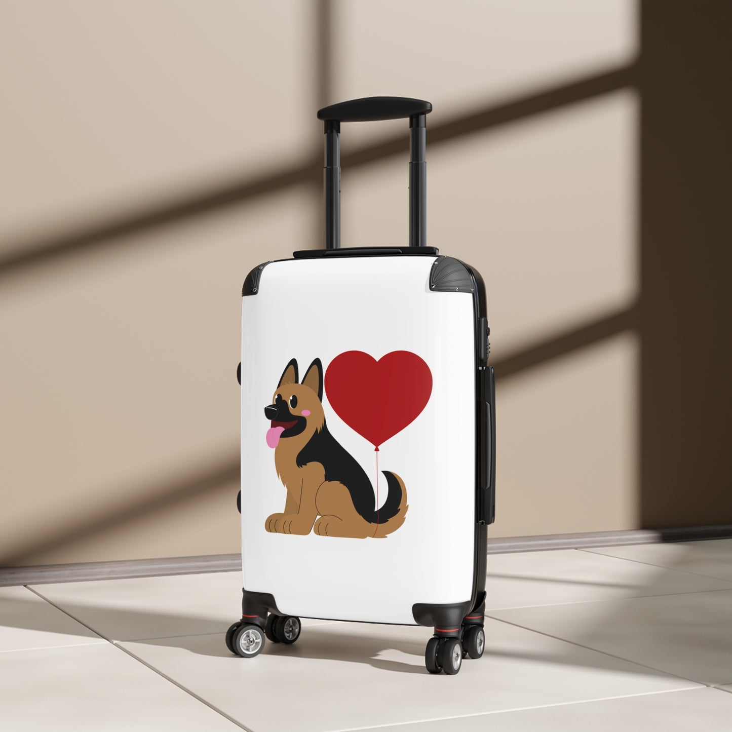 Dog Lover's Suitcase Featuring Graphic of a German Shepherd Puppy and Heart Shaped Balloon Attached to Tail