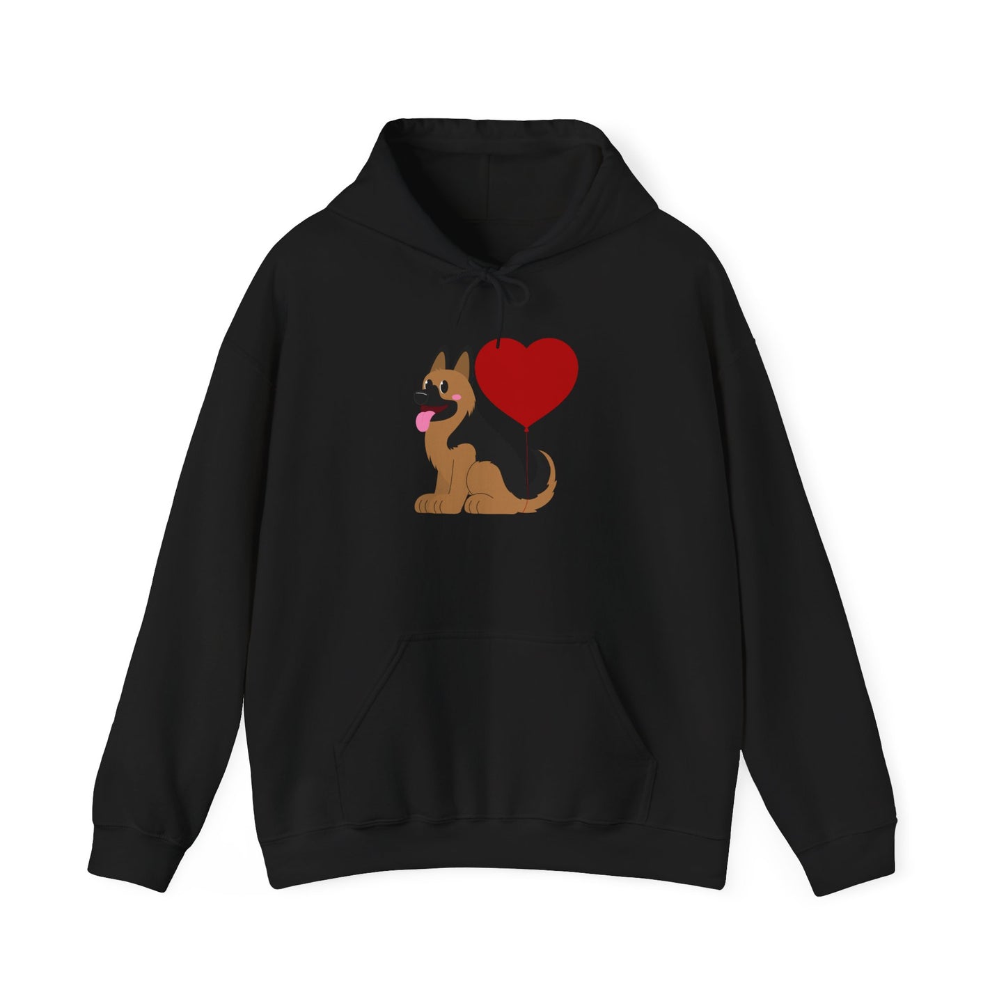 Unisex Dog Lover Hoodie With a Graphic of German Shepherd Puppy and Heart Shaped Balloon Attached With Tail