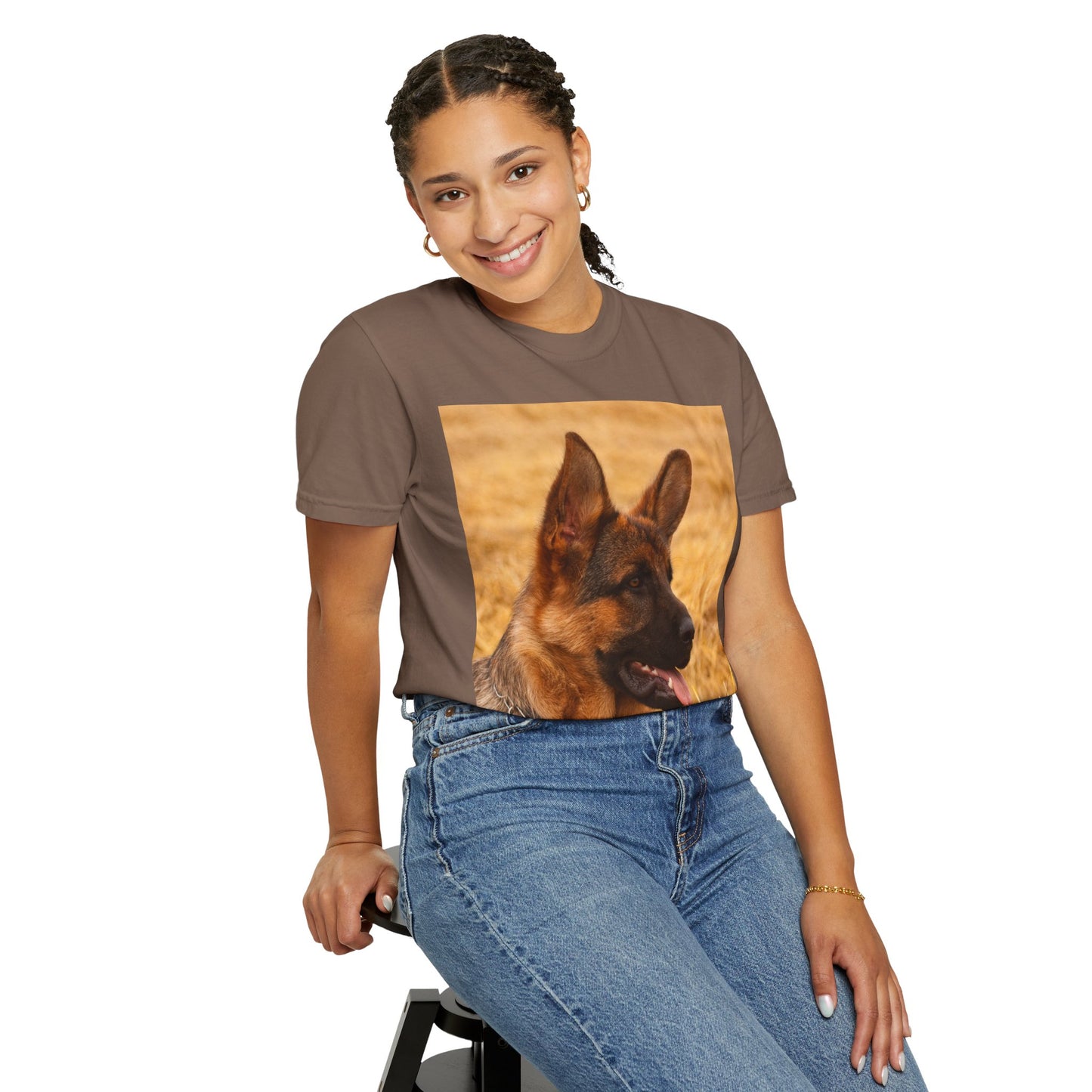 Unisex Dog Lovers T-Shirt Featuring German Shepherd Resting on the Dry Grass