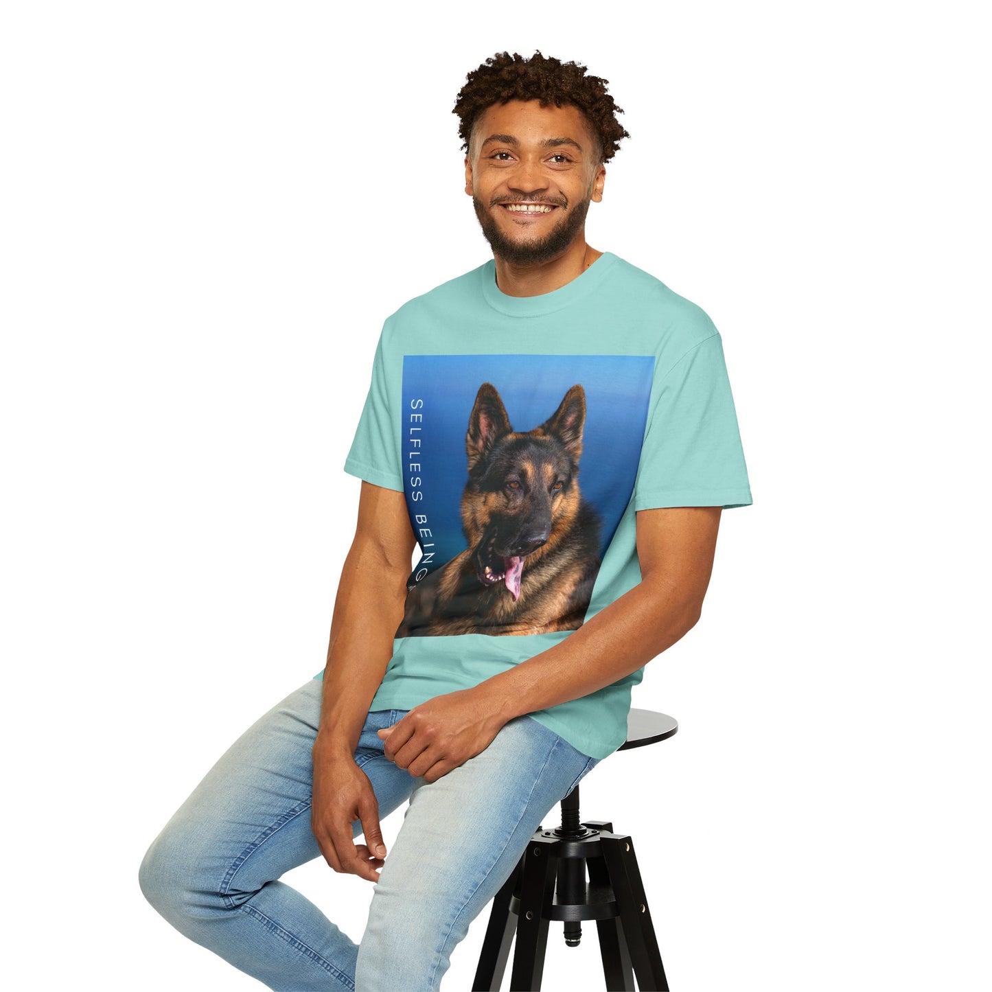 Unisex Dog Lover T-Shirt With Close Up of German Shepherd, Blue Sea in the Background and Caption Selfless Beings
