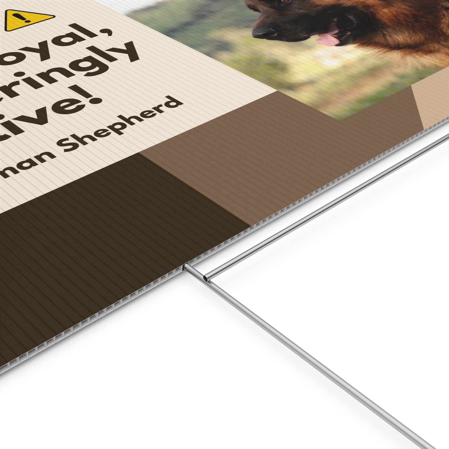 Dog Warning Yard Sign Featuring a German Shepherd and Caption Warning: Fiercely Loyal, Unwaveringly Protective