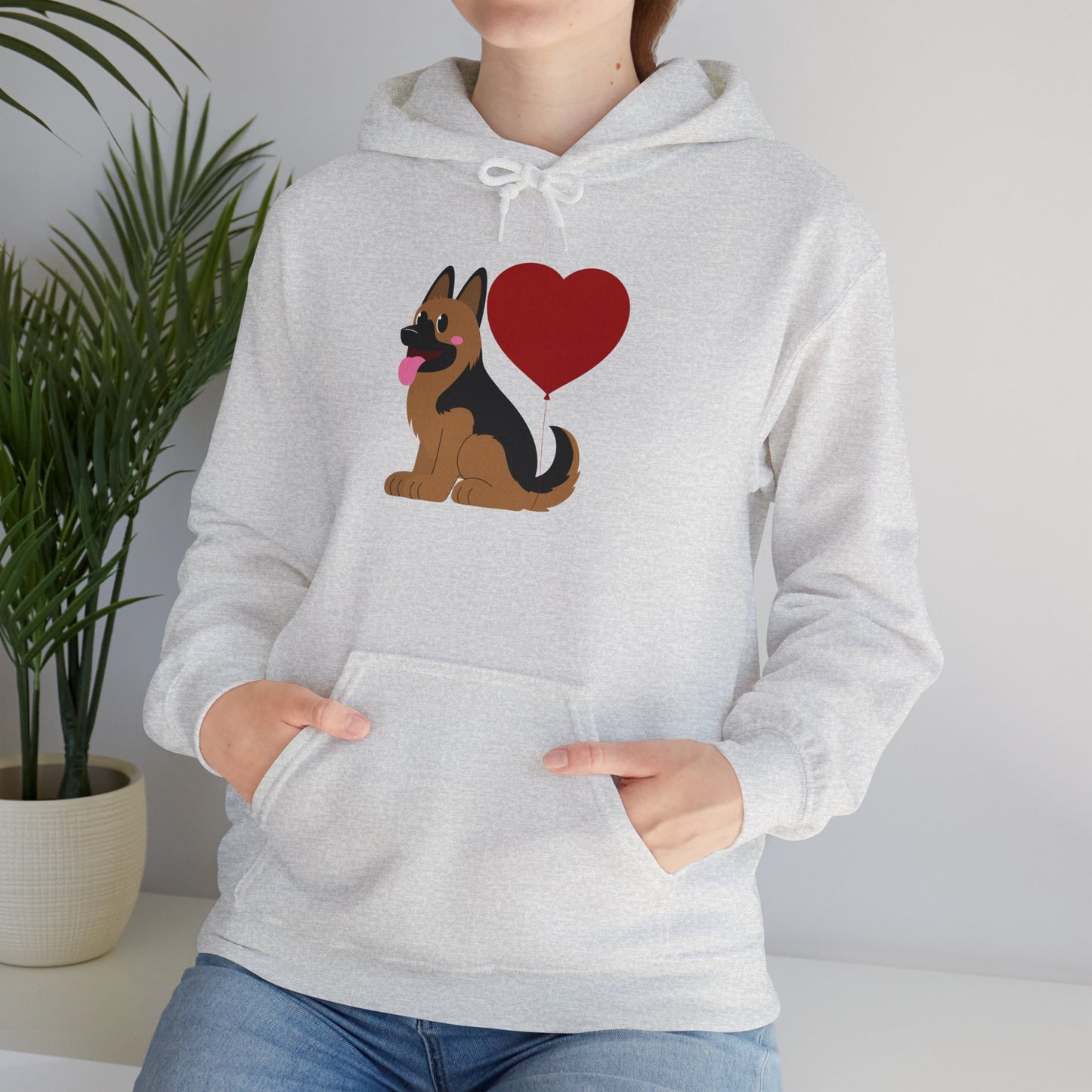 Unisex Dog Lover Hoodie With a Graphic of German Shepherd Puppy and Heart Shaped Balloon Attached With Tail