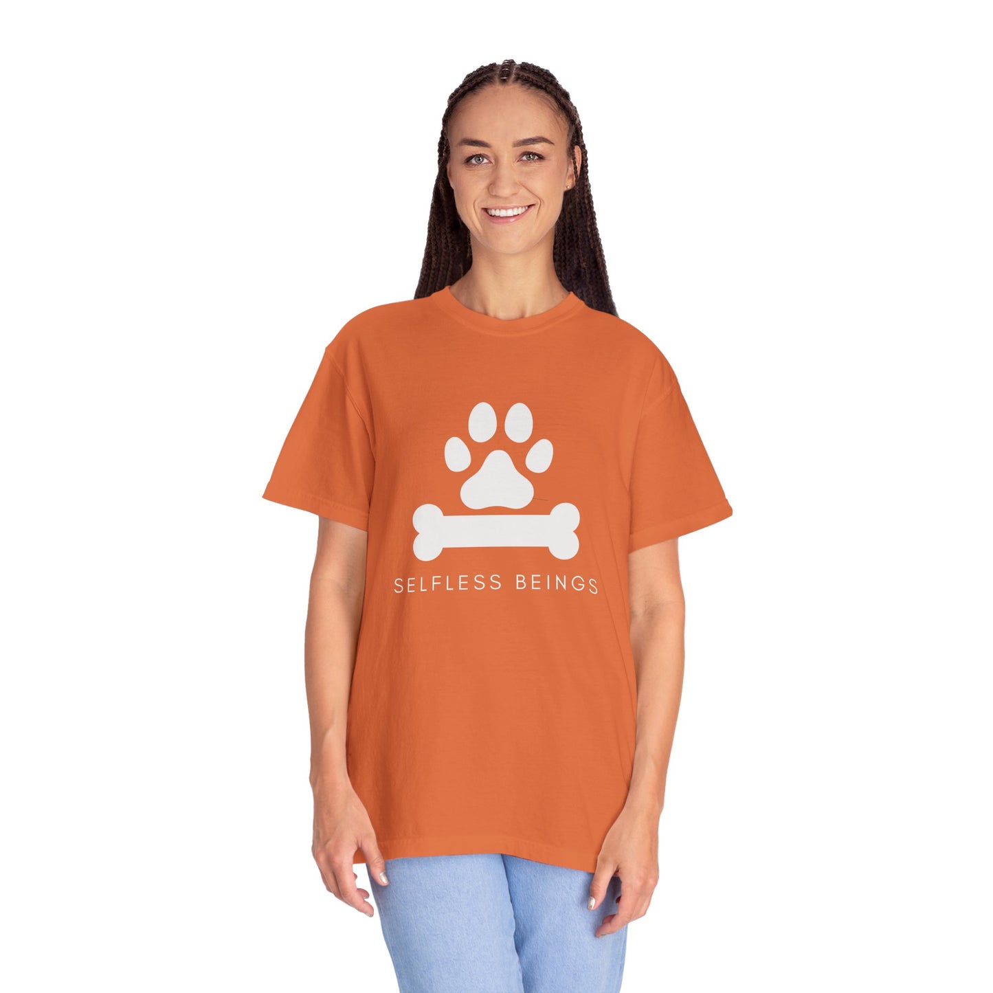 Unisex Dog Lover T-Shirt With Graphic of Dog Bone and Paw and Caption Selfless Beings
