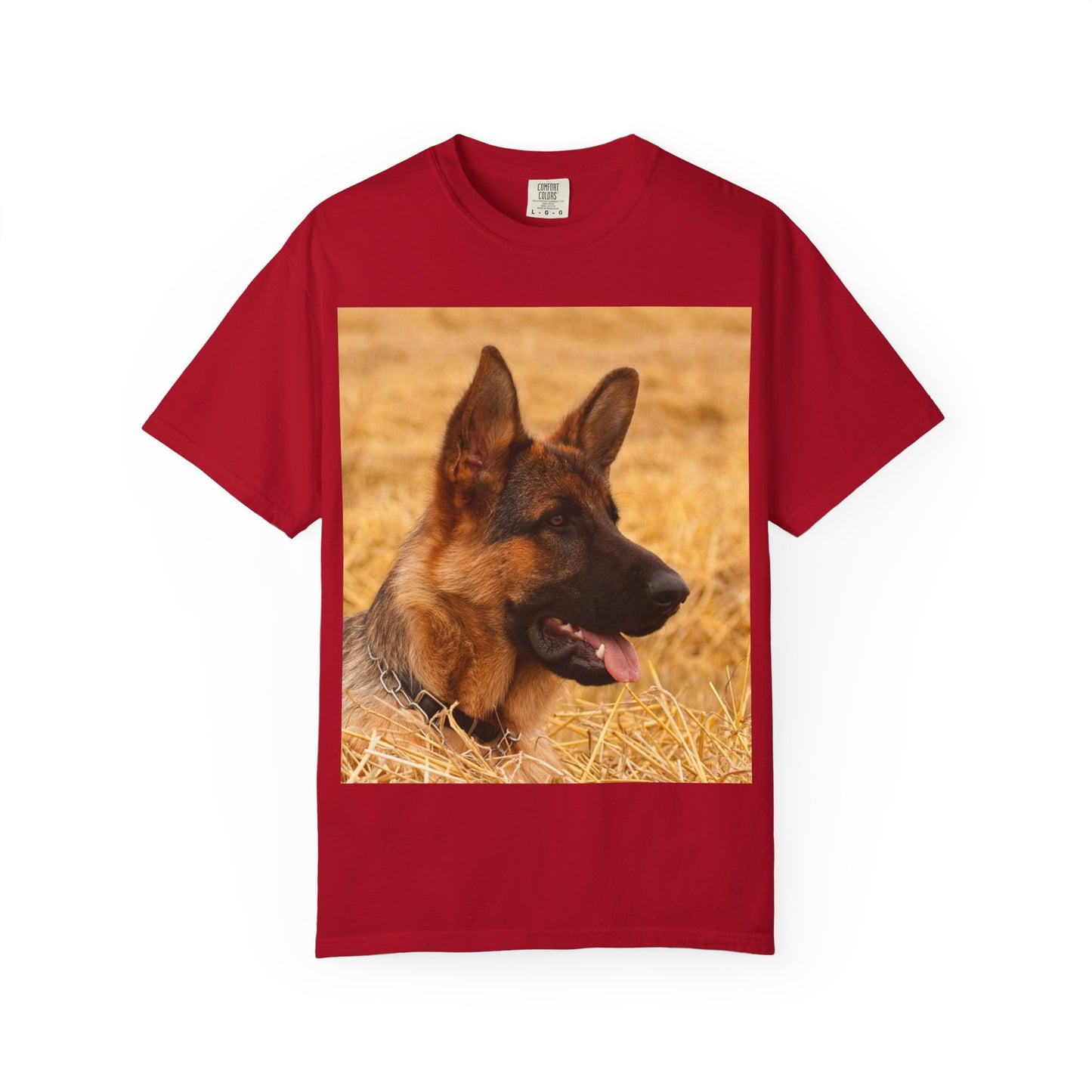 Unisex Dog Lovers T-Shirt Featuring German Shepherd Resting on the Dry Grass
