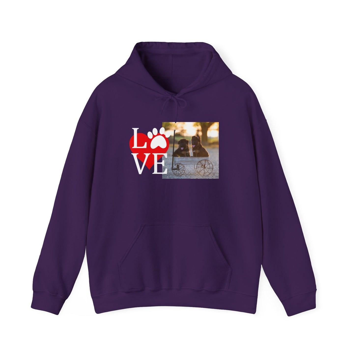 Unisex Dog Lover Hoodie With Two Cute German Shepherd Puppies Sitting on a Cart and Caption Love On Top of Red Heart