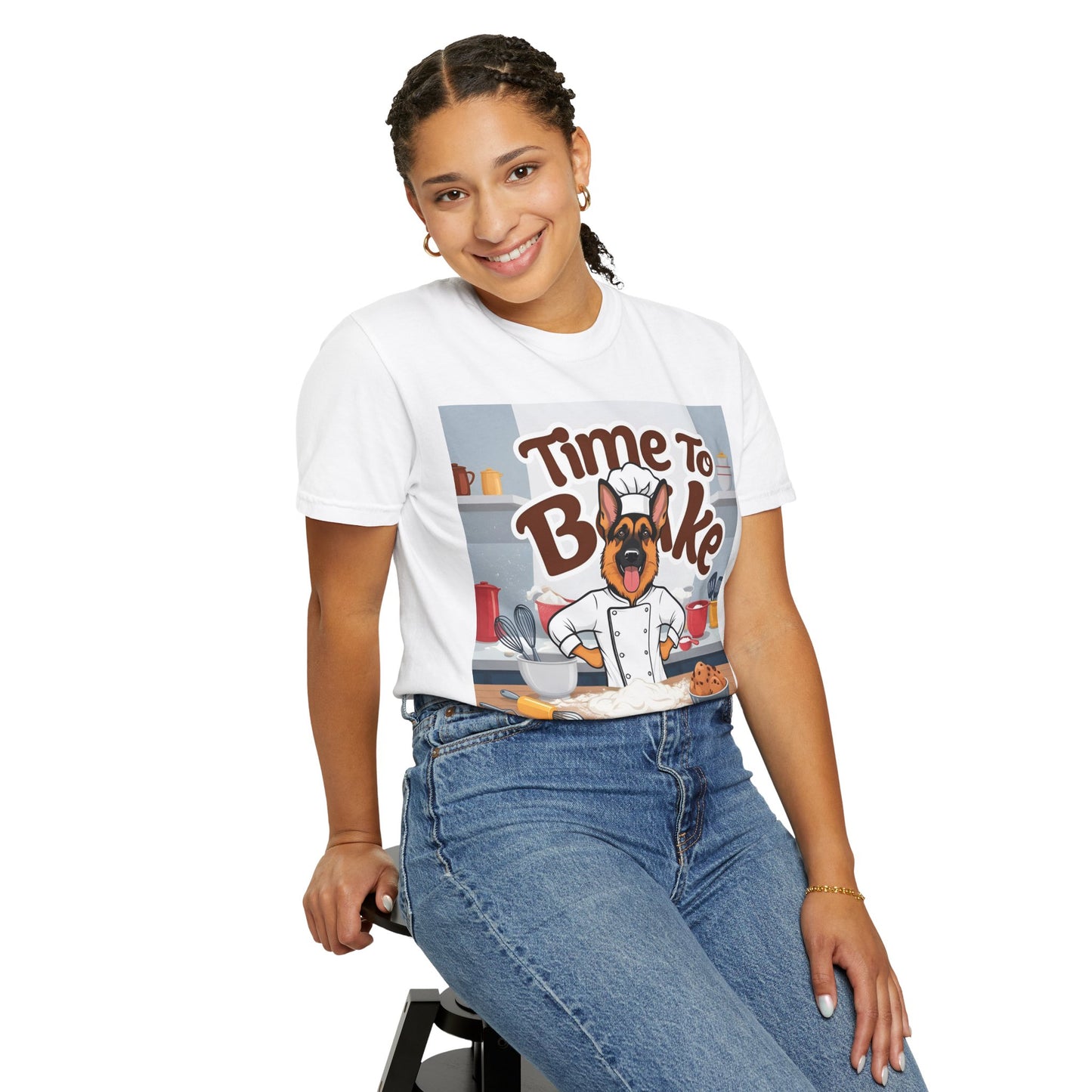 Unisex Dog Lover T-Shirt With Graphic of German Shepherd Wearing Chef Suit and Caption Time To Bake