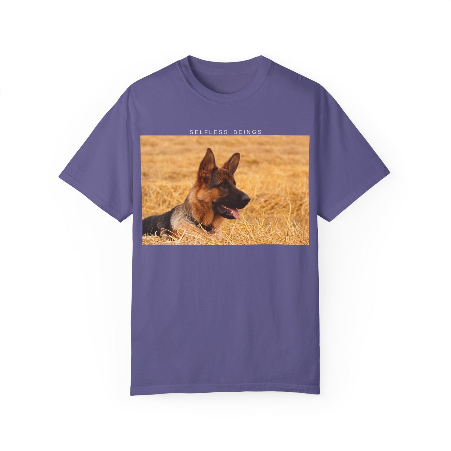 Unisex Dog Lover T-Shirt With a German Shepherd Relaxing on the Long Dry Grass and Caption Selfless Beings