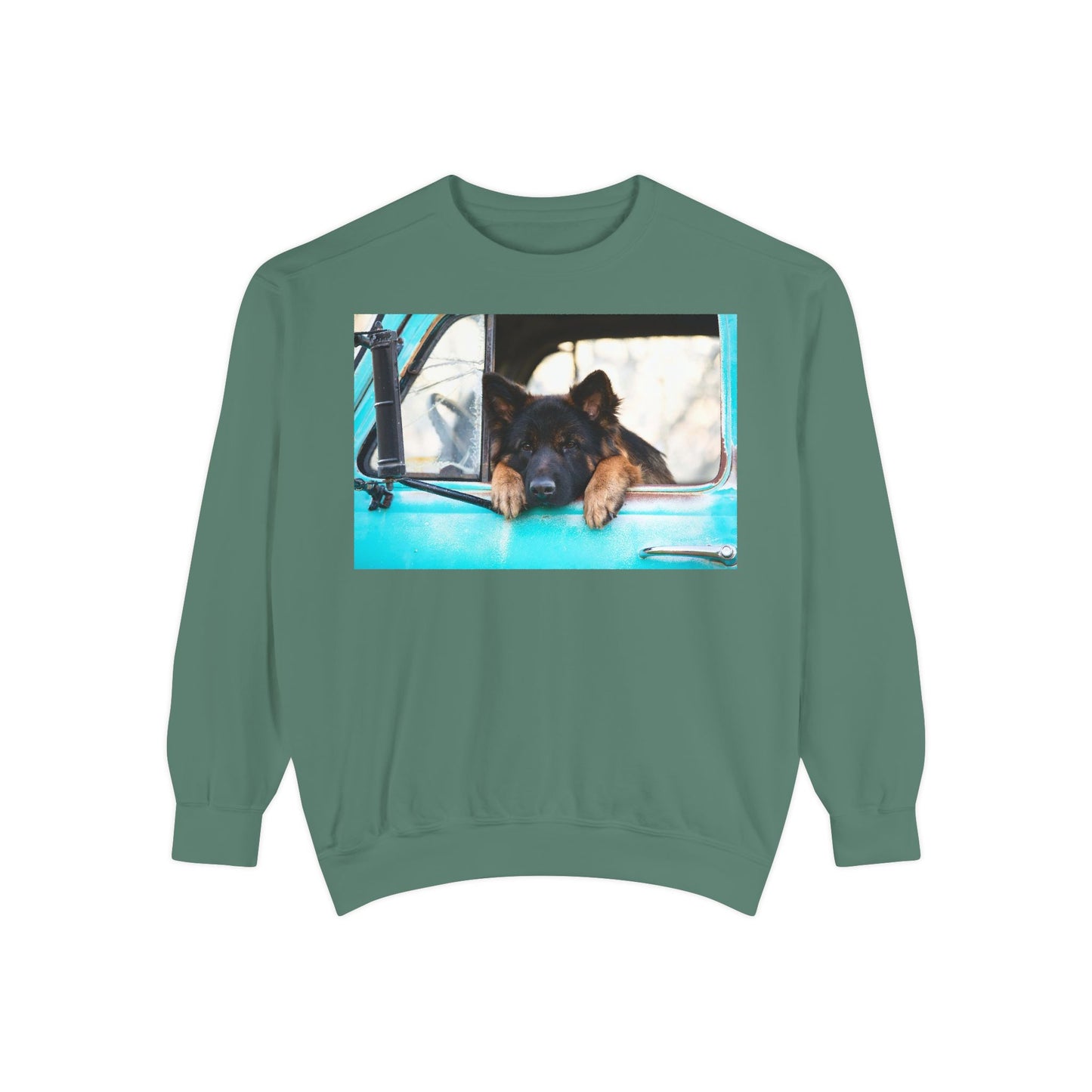 Unisex Dog Lover Sweatshirt With a German Shepherd Puppy Putting His Head and Front Legs On The Truck Seat's Window