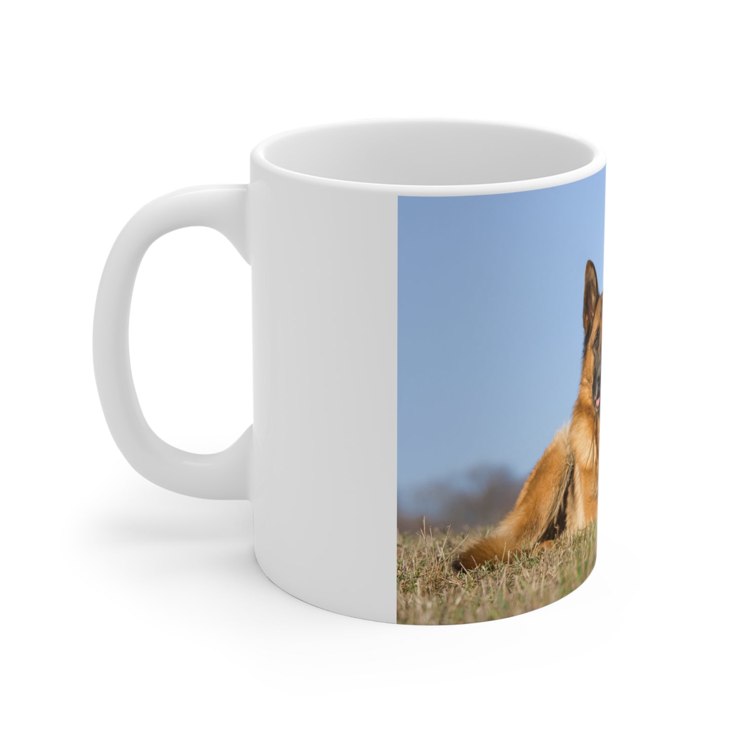 White Ceramic Dog Lover Mug With a German Shepherd and Two Puppies