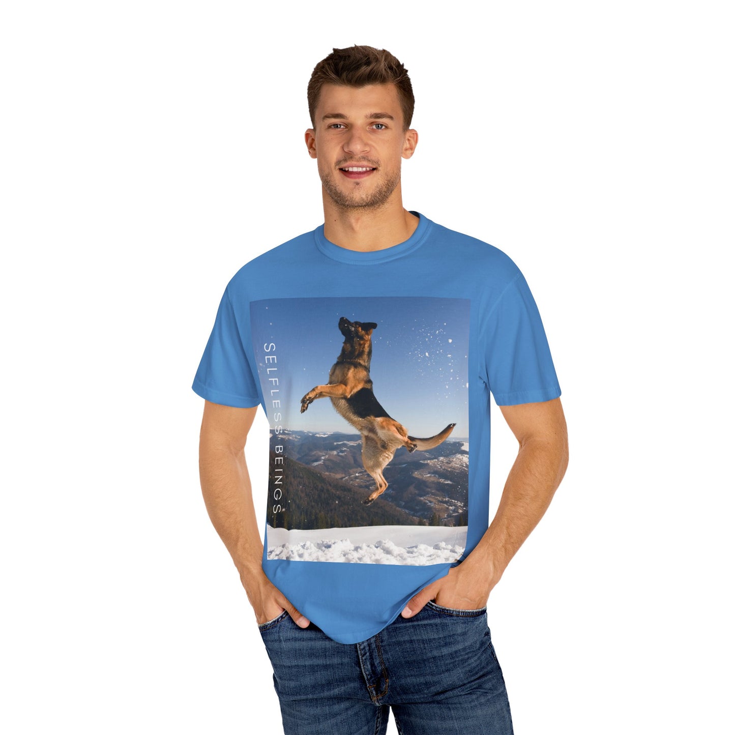 Unisex Dog Lover T-Shirt With a German Shepherd in the Air on Top of Snow Mountain and Caption Selfless Beings