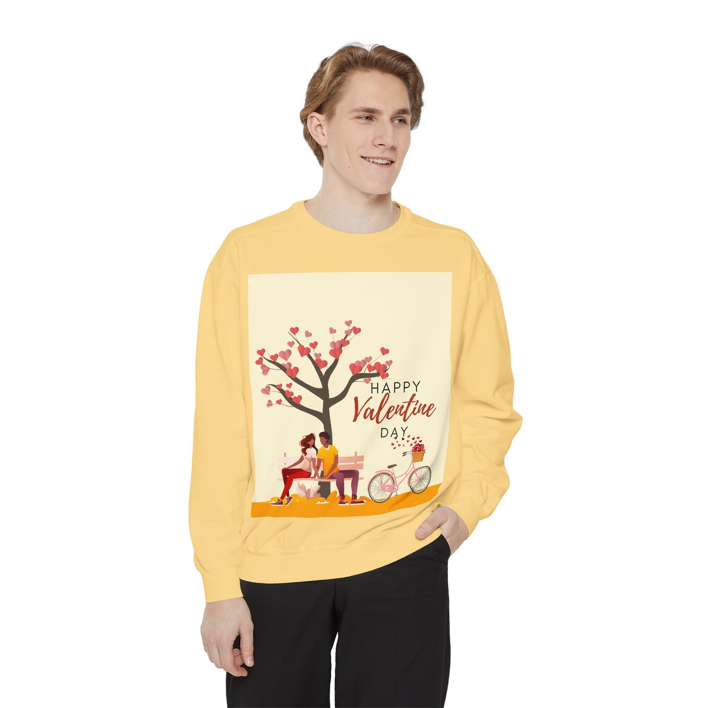 Unisex Valentine's Day Sweatshirt With Art Showing Couple Sitting on a Bench Under the Tree and Caption Happy Valentine's Day