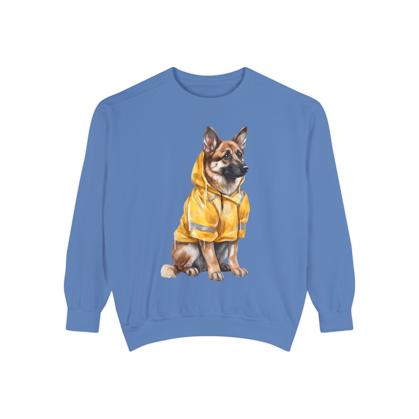 Unisex Dog Lover Sweatshirt With a Graphic of German Shepherd Wearing a Yellow Rain Coat