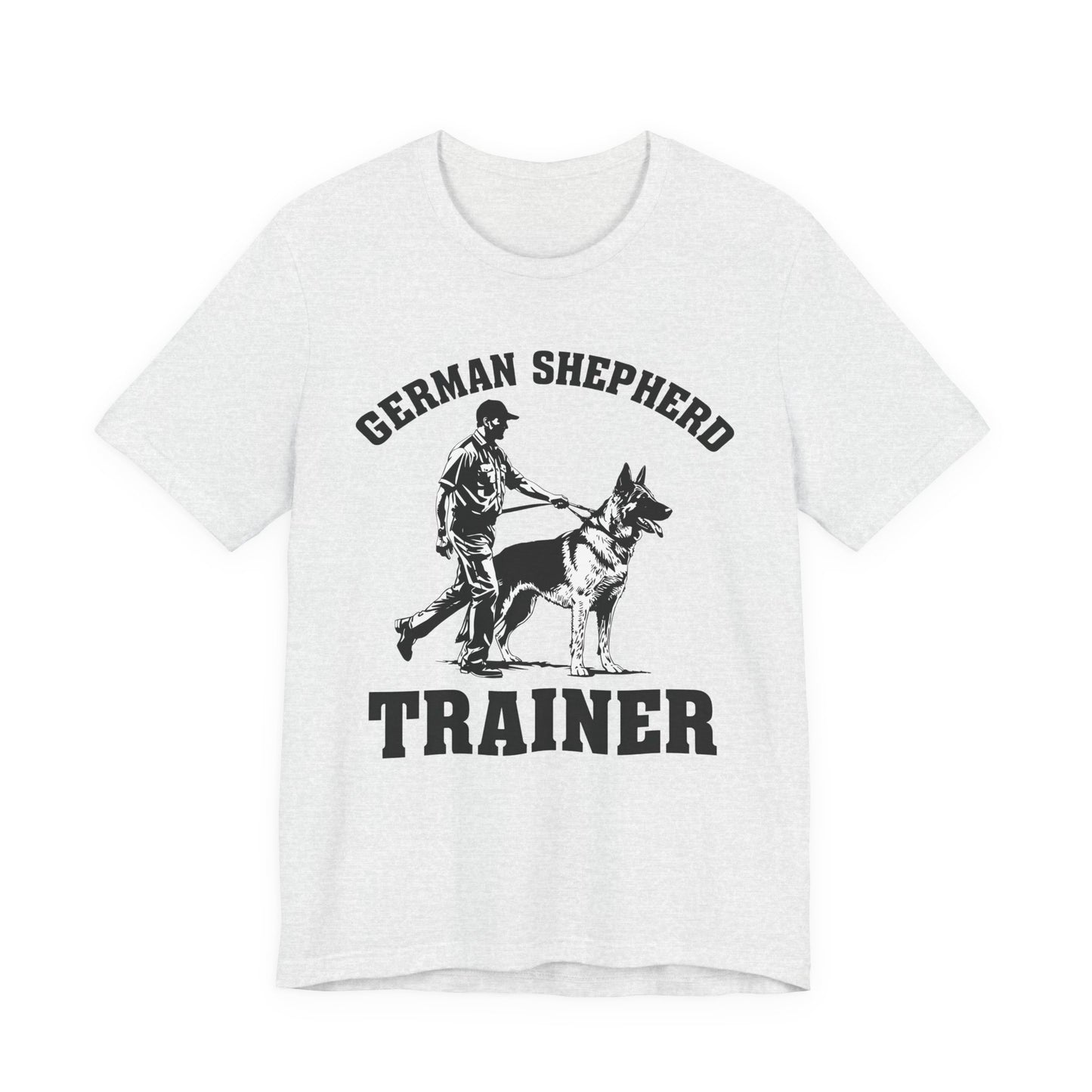 German Shepherd Trainer Tee - Black and White Design of Man Holding a German Shepherd