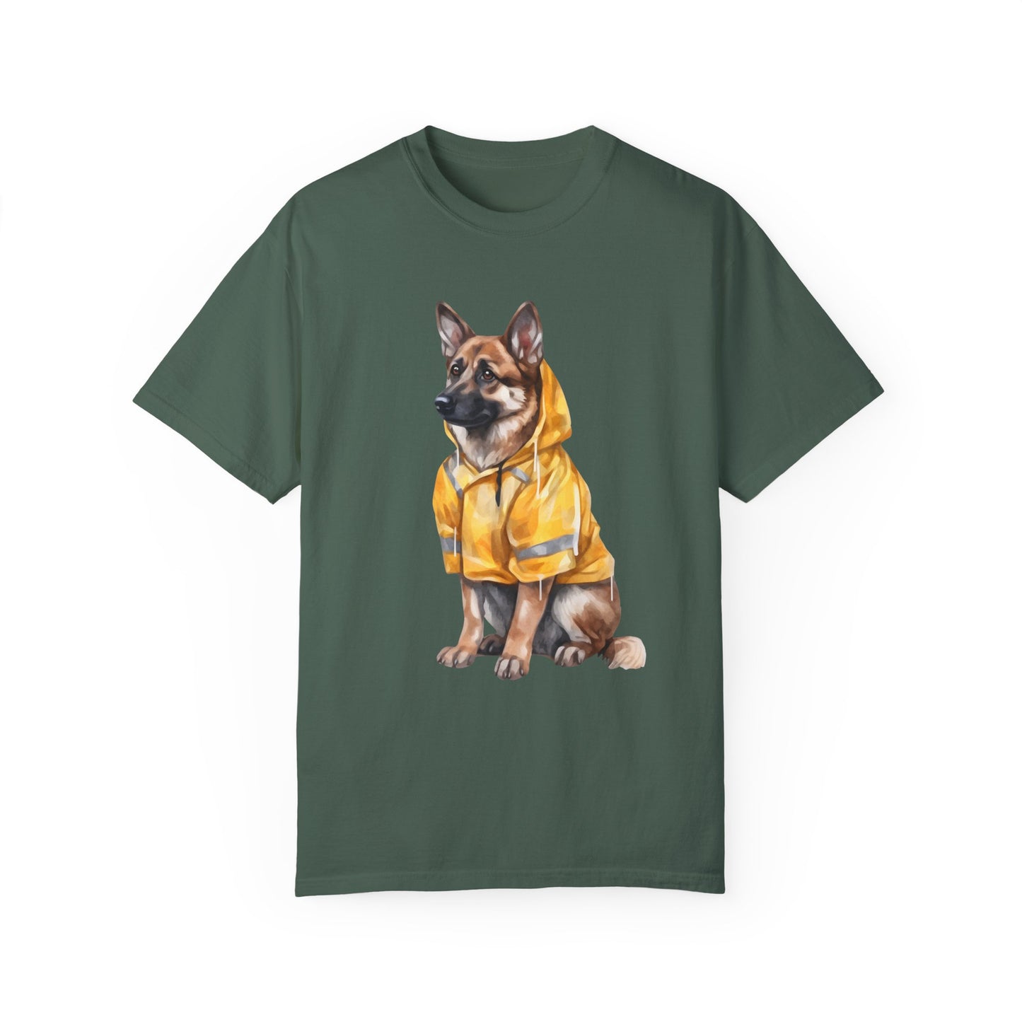 Unisex Dog Lover T-Shirt With a Graphic of German Shepherd Wearing a Yellow Rain Coat